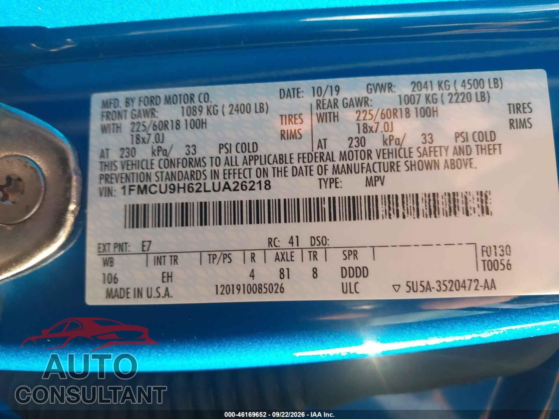 FORD ESCAPE 2020 - 1FMCU9H62LUA26218