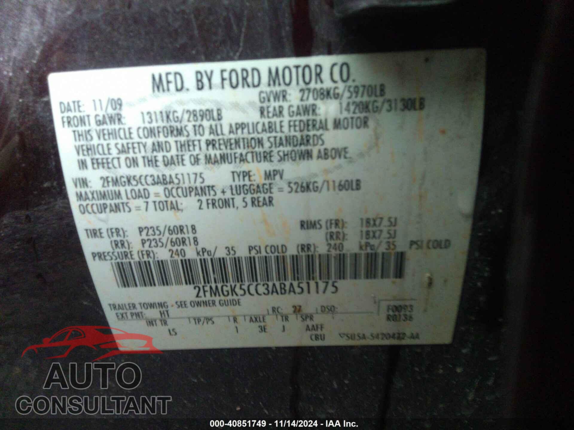 FORD FLEX 2010 - 2FMGK5CC3ABA51175