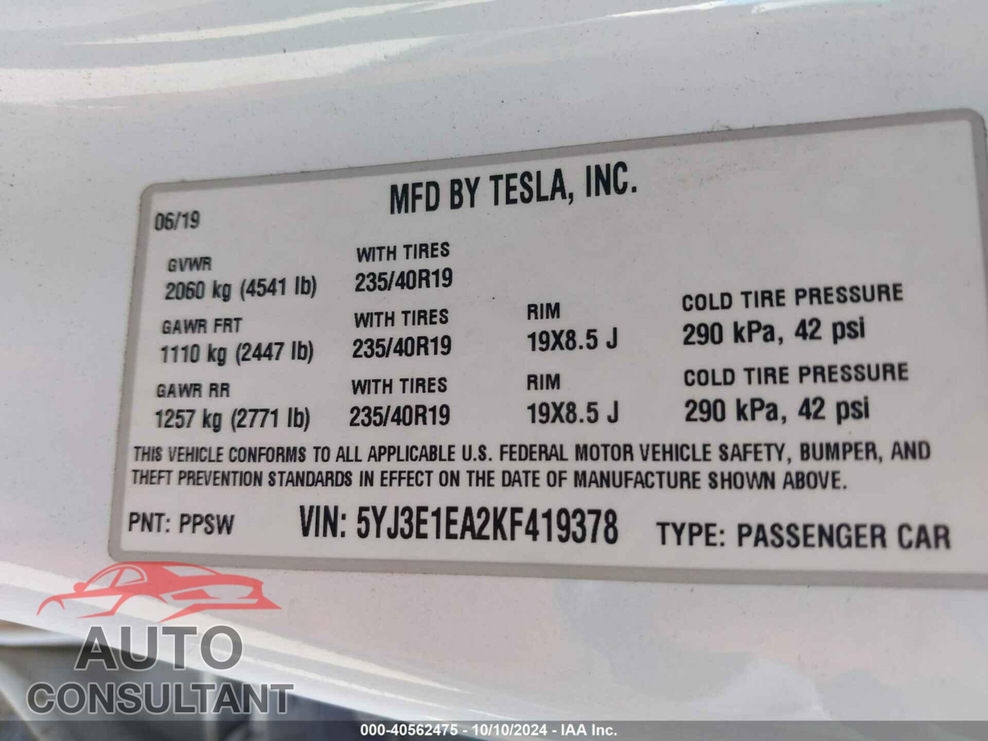 TESLA MODEL 3 2019 - 5YJ3E1EA2KF419378
