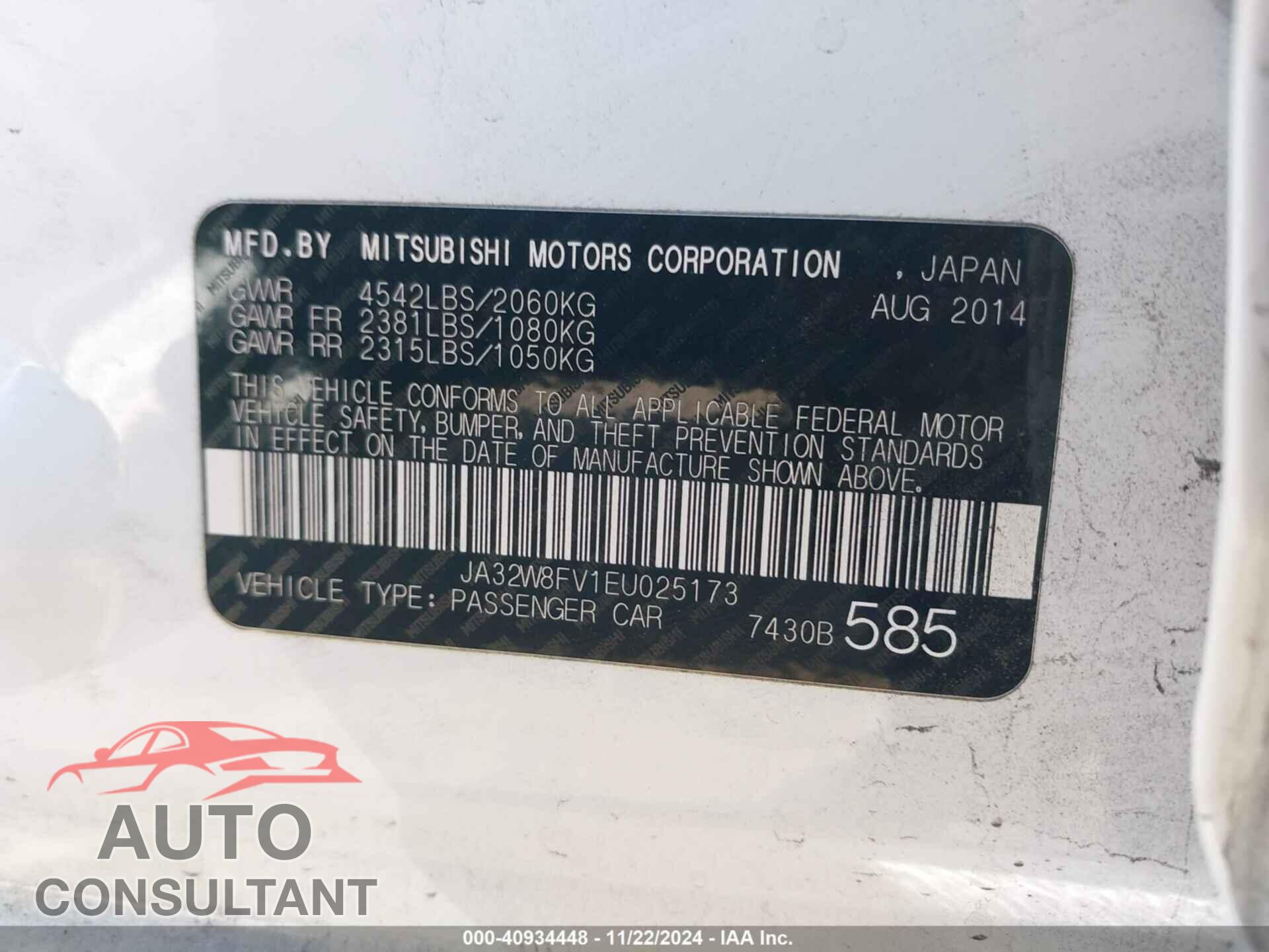 MITSUBISHI LANCER EVOLUTION 2014 - JA32W8FV1EU025173
