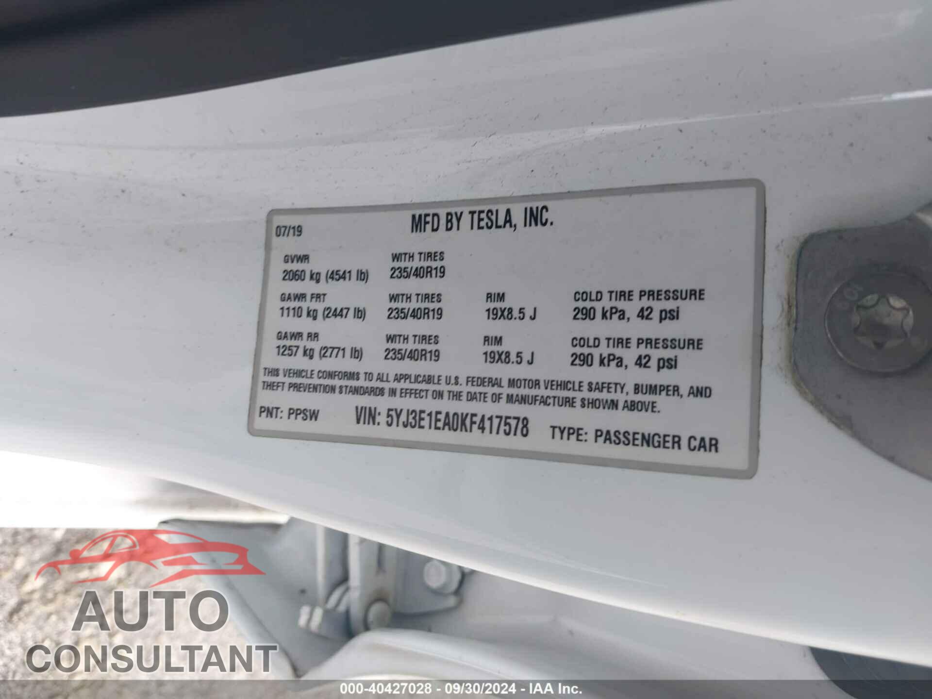 TESLA MODEL 3 2019 - 5YJ3E1EA0KF417578