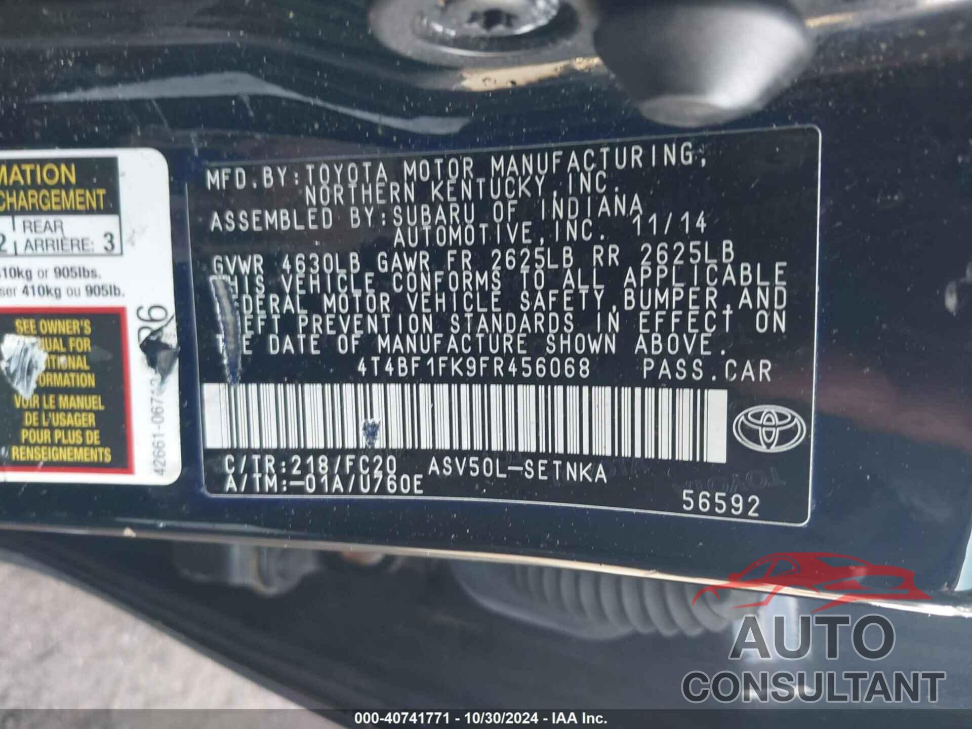 TOYOTA CAMRY 2015 - 4T4BF1FK9FR456068
