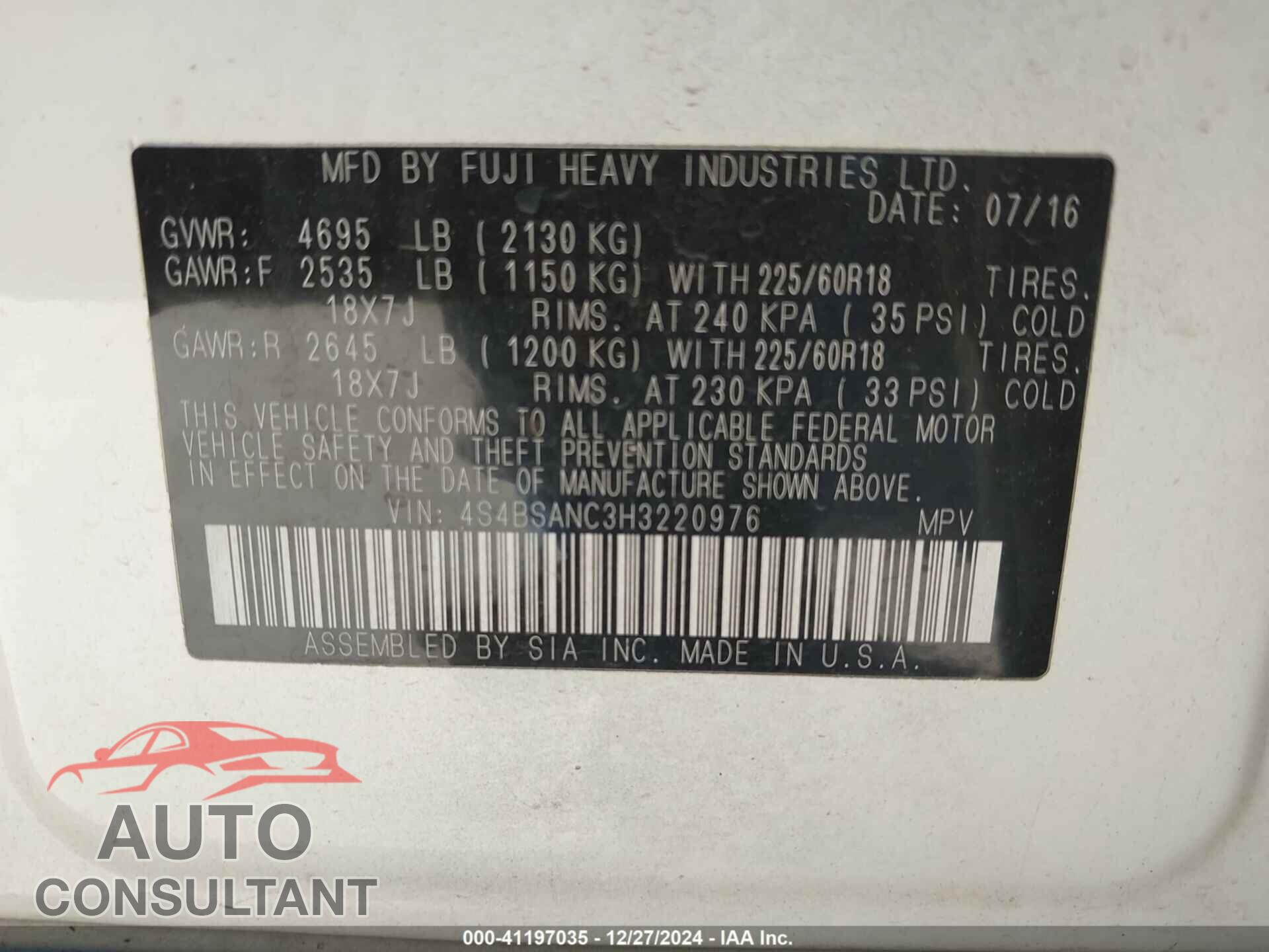 SUBARU OUTBACK 2017 - 4S4BSANC3H3220976