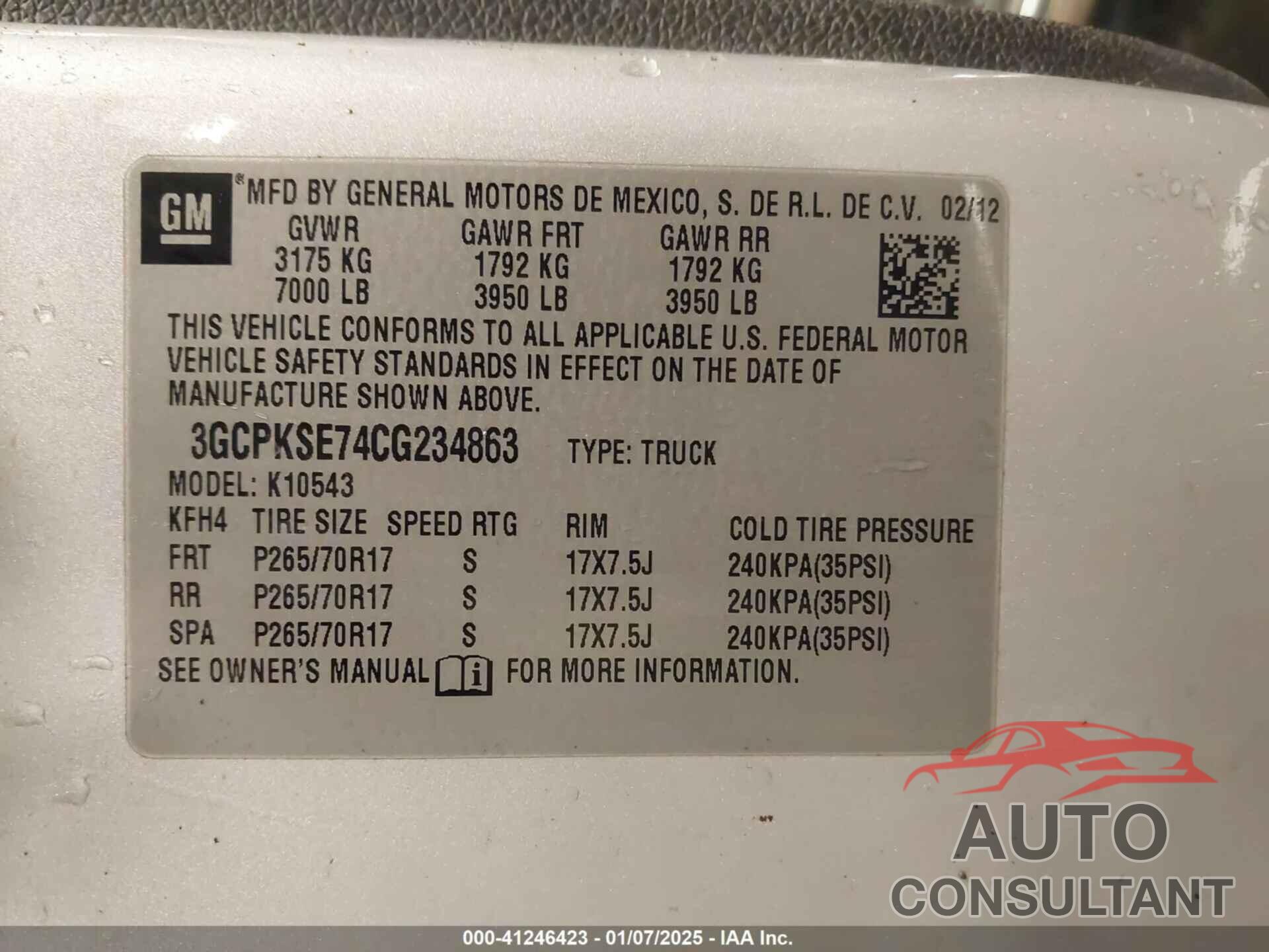 CHEVROLET SILVERADO 1500 2012 - 3GCPKSE74CG234863