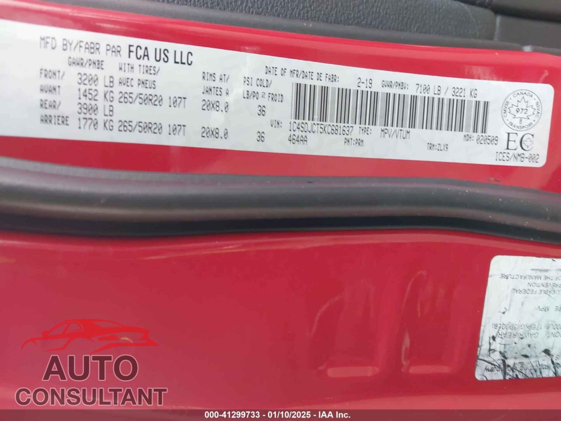 DODGE DURANGO 2019 - 1C4SDJCT5KC681637