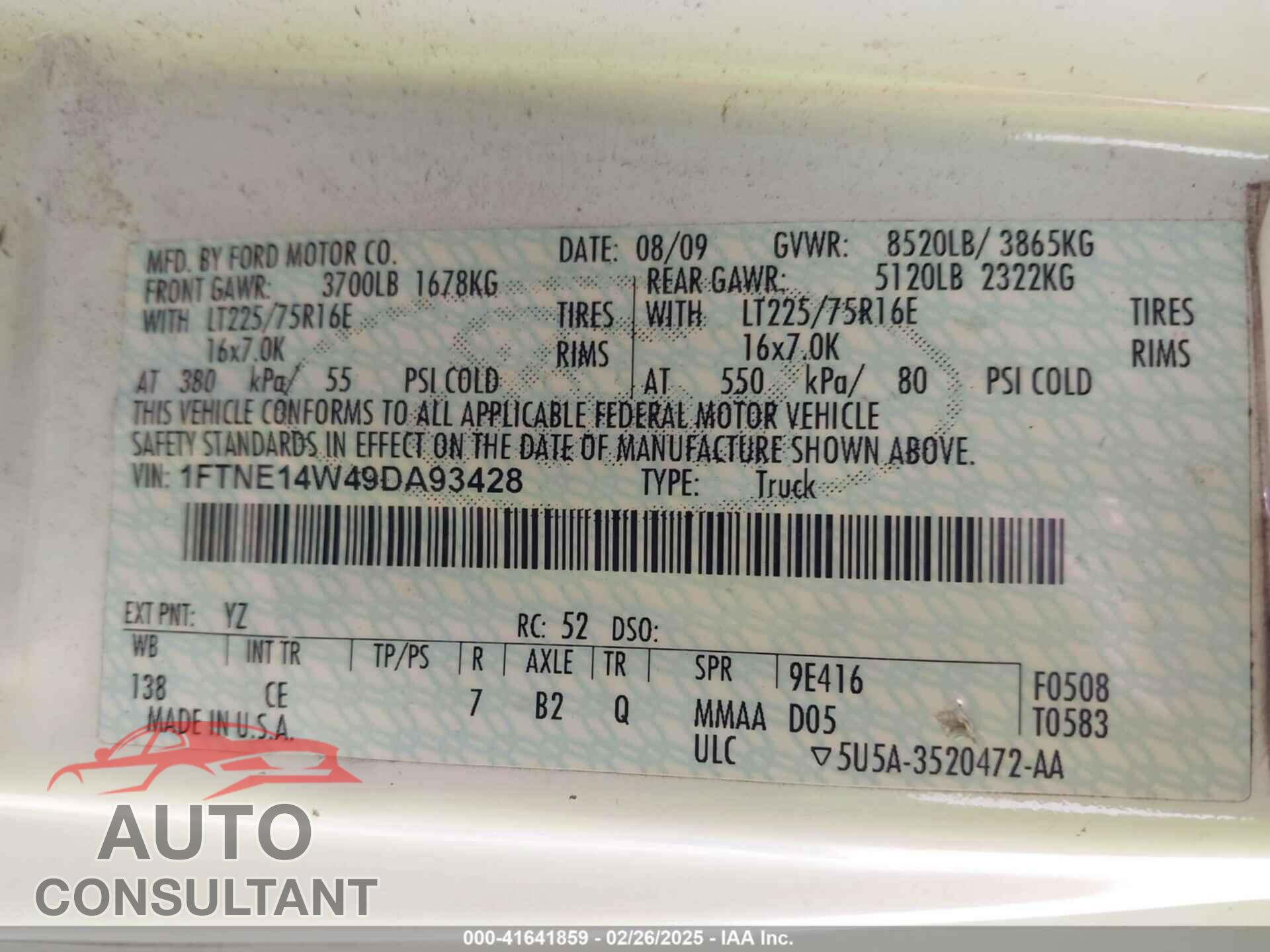 FORD E-150 2009 - 1FTNE14W49DA93428