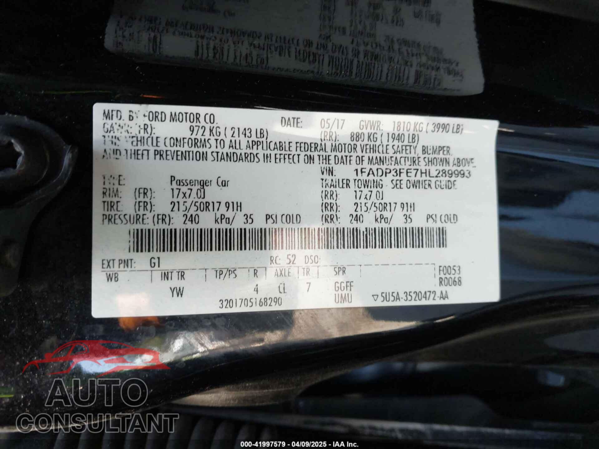 FORD FOCUS 2017 - 1FADP3FE7HL289993
