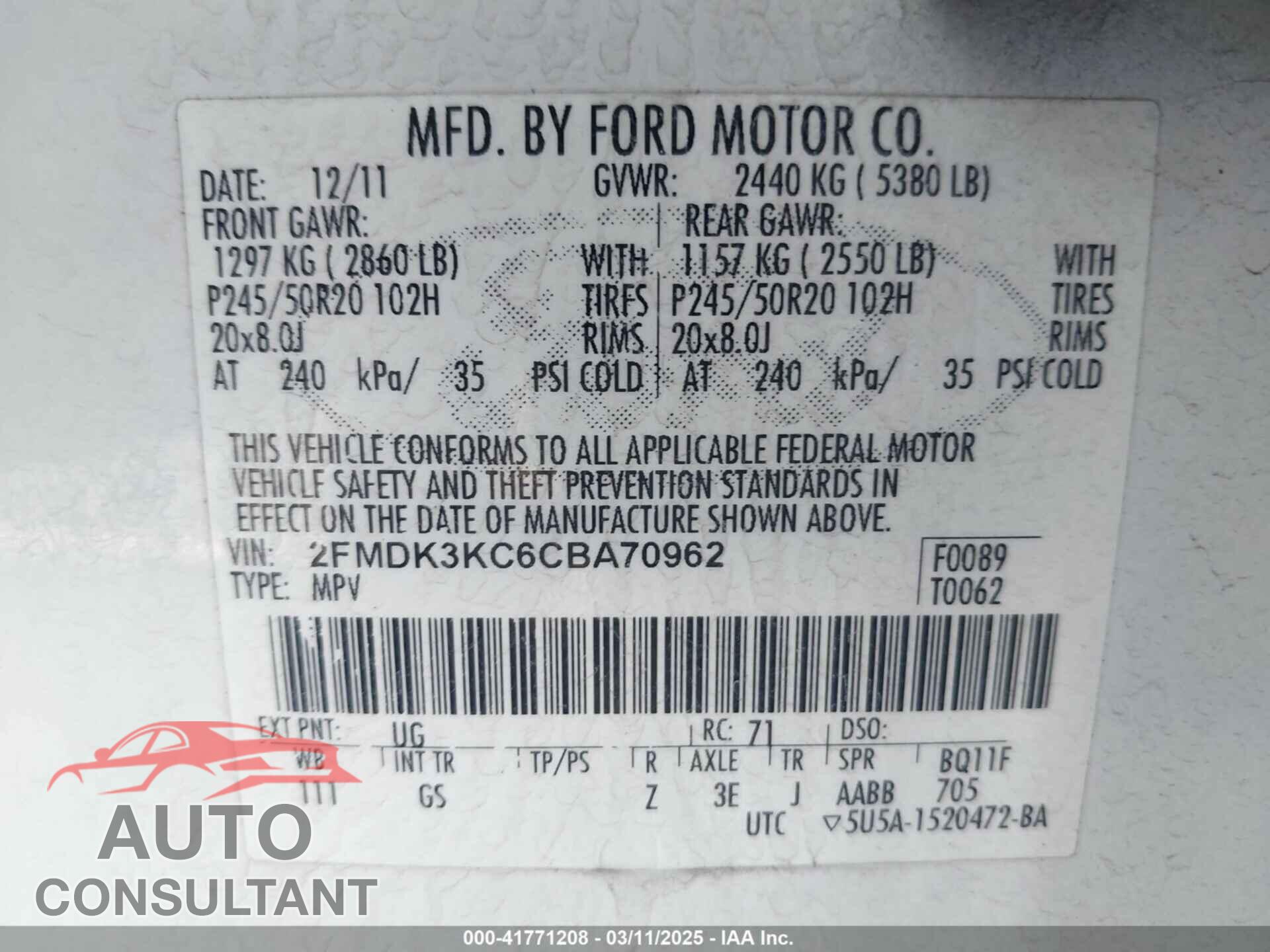 FORD EDGE 2012 - 2FMDK3KC6CBA70962