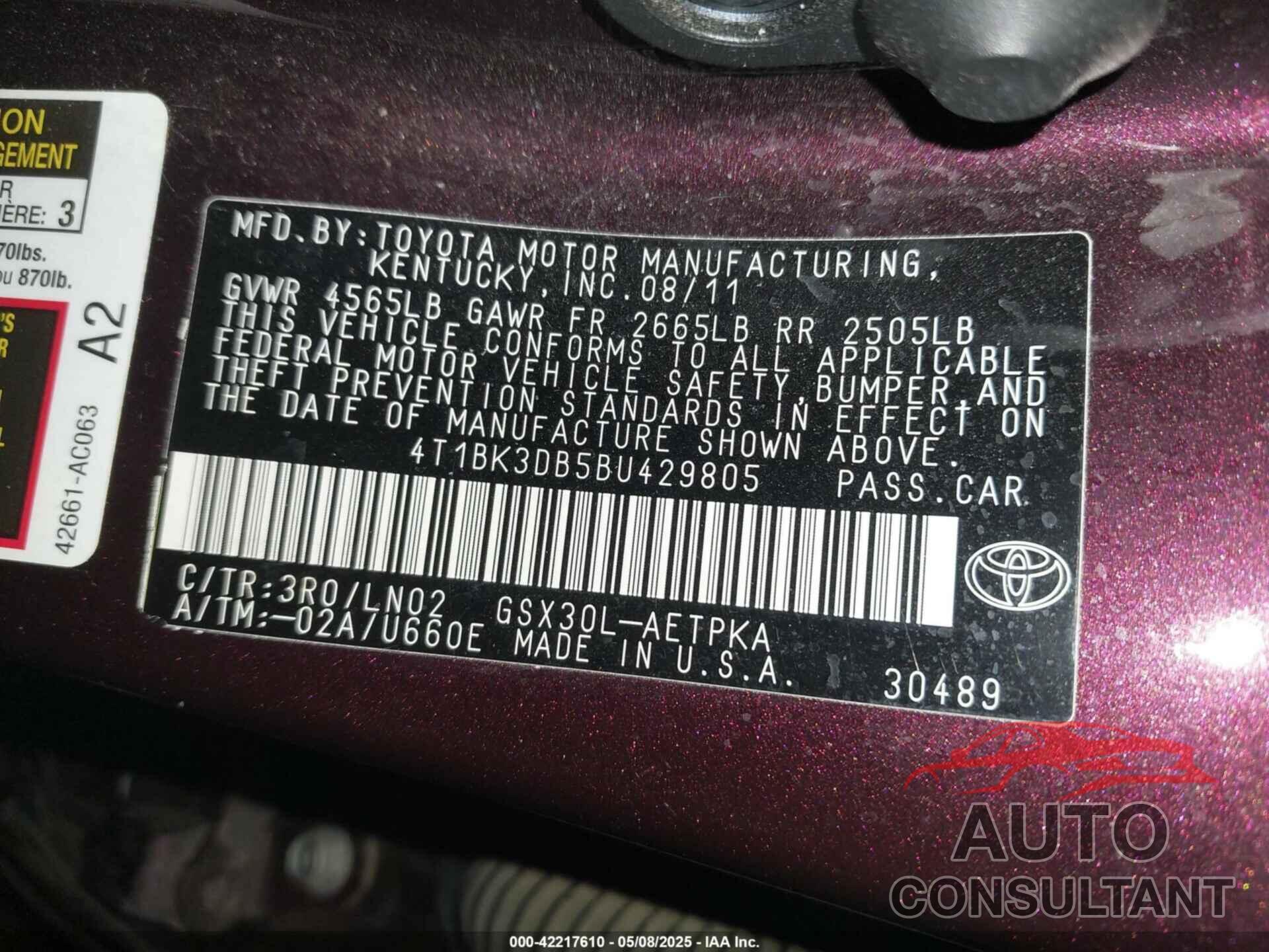 TOYOTA AVALON 2011 - 4T1BK3DB5BU429805
