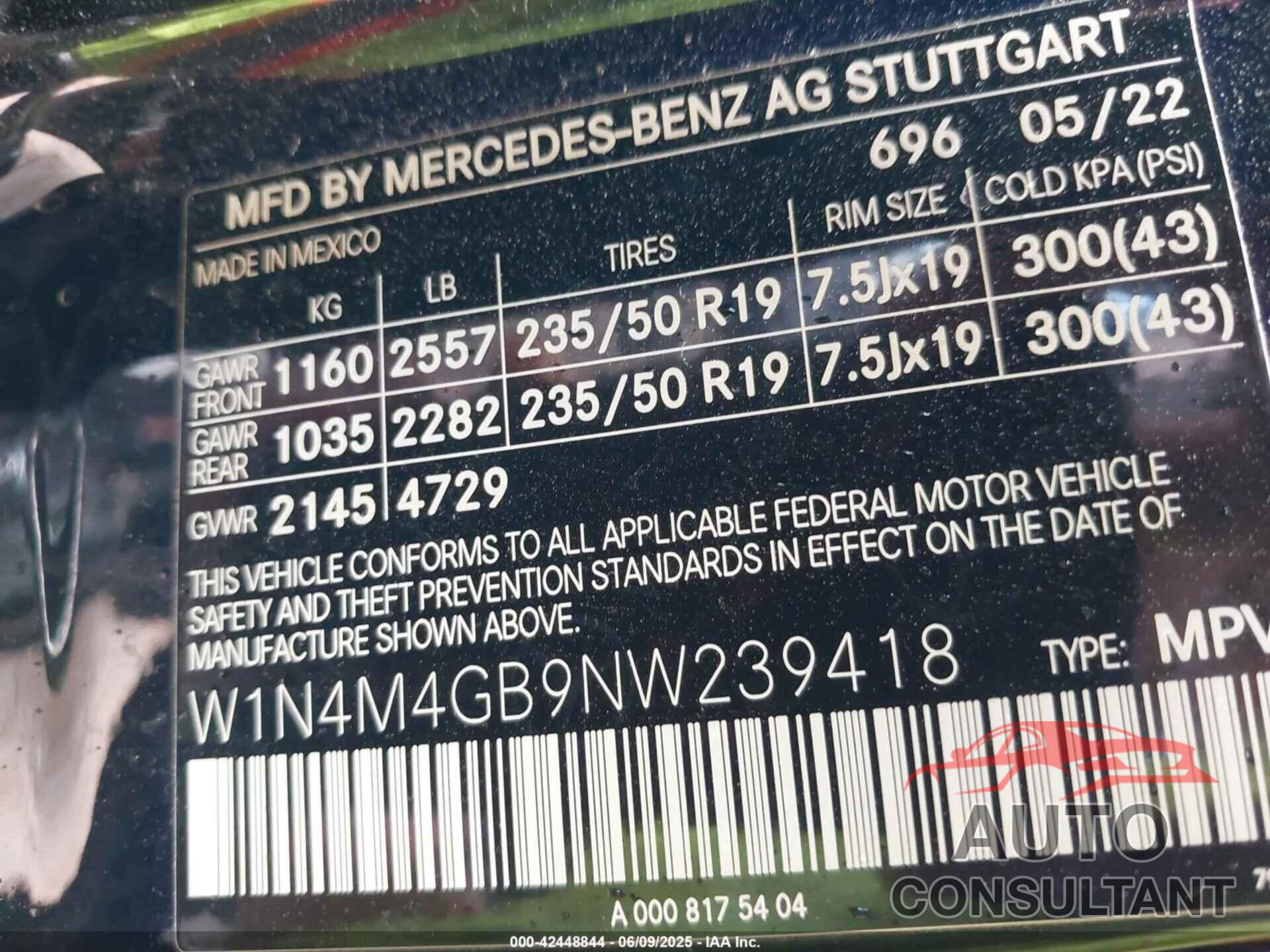 MERCEDES-BENZ GLB 250 2022 - W1N4M4GB9NW239418
