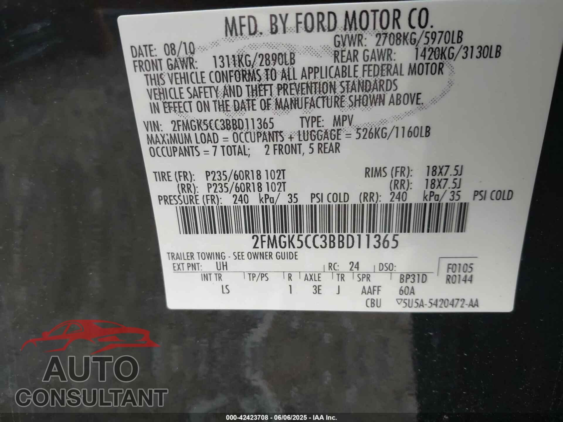 FORD FLEX 2011 - 2FMGK5CC3BBD11365