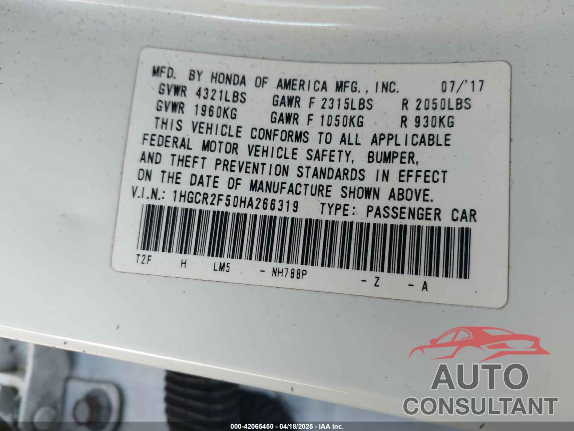 HONDA ACCORD 2017 - 1HGCR2F50HA266319