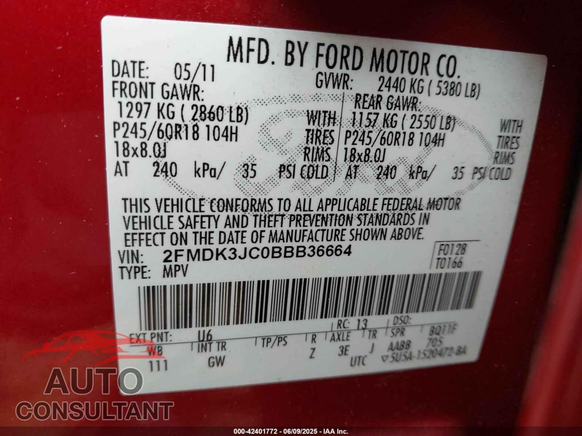 FORD EDGE 2011 - 2FMDK3JC0BBB36664