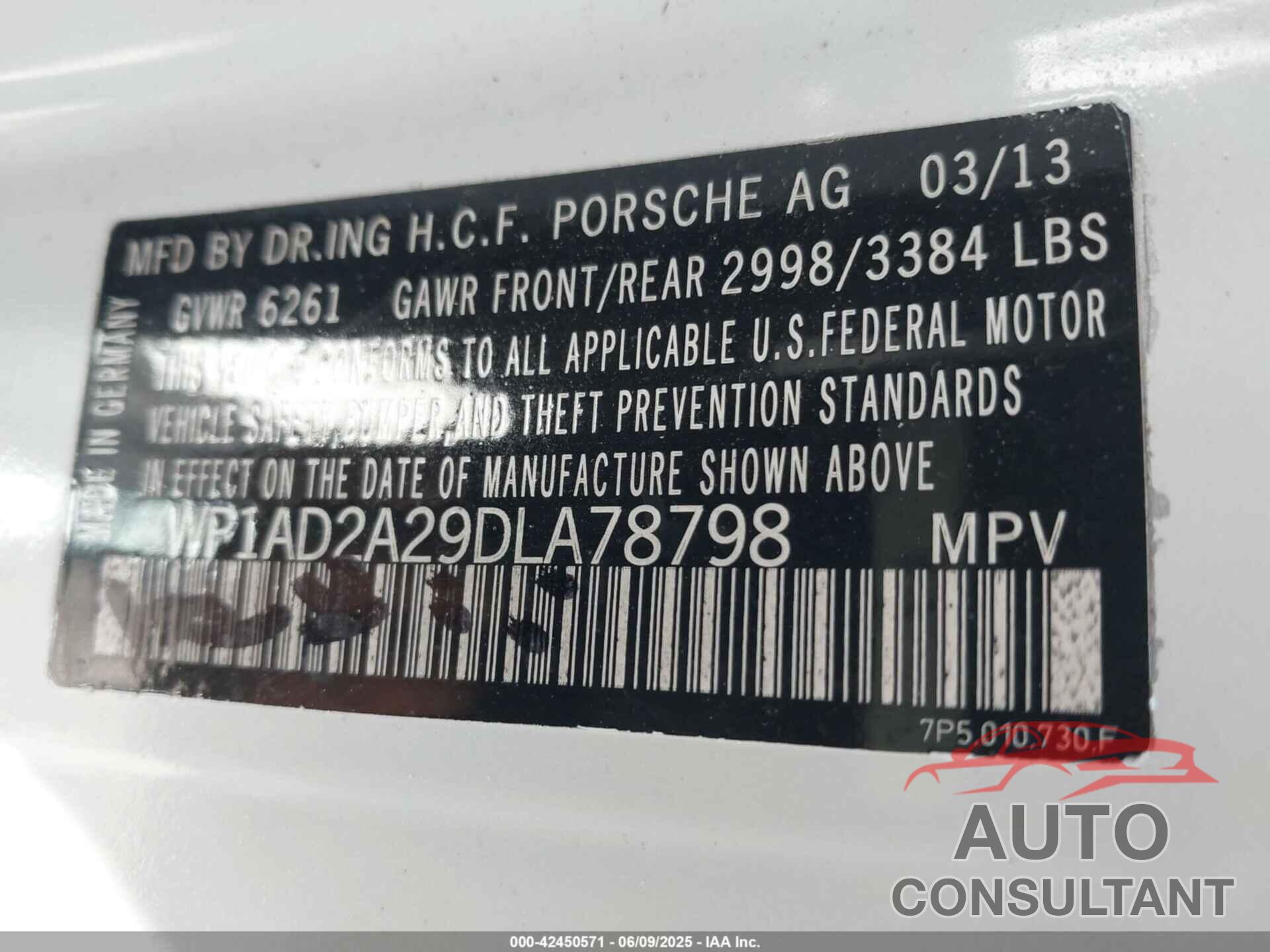 PORSCHE CAYENNE 2013 - WP1AD2A29DLA78798