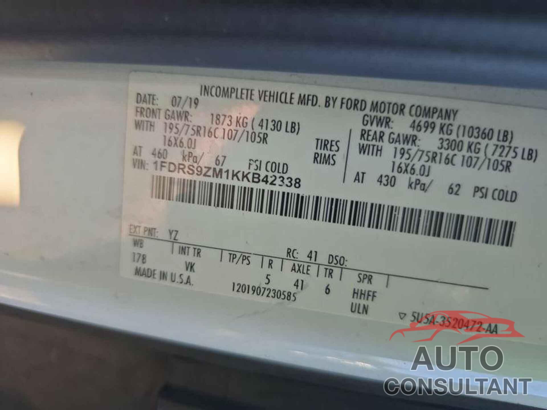 FORD TRANSIT 2019 - 1FDRS9ZM1KKB42338
