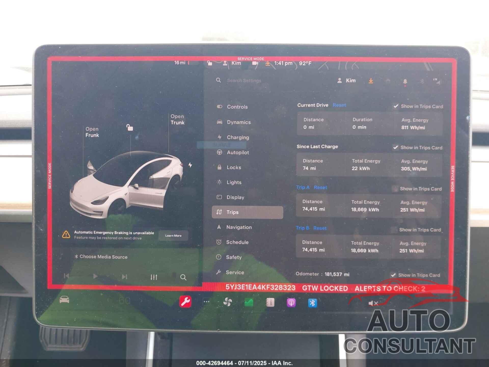 TESLA MODEL 3 2019 - 5YJ3E1EA4KF328323