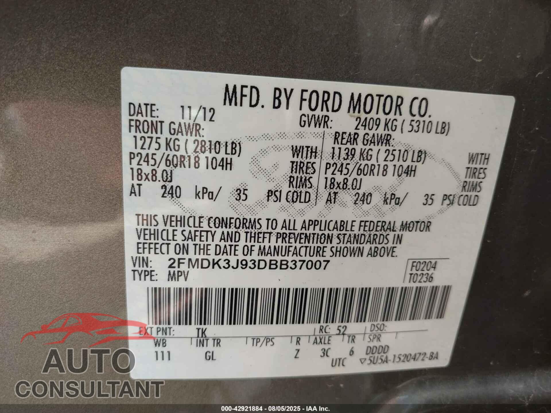 FORD EDGE 2013 - 2FMDK3J93DBB37007