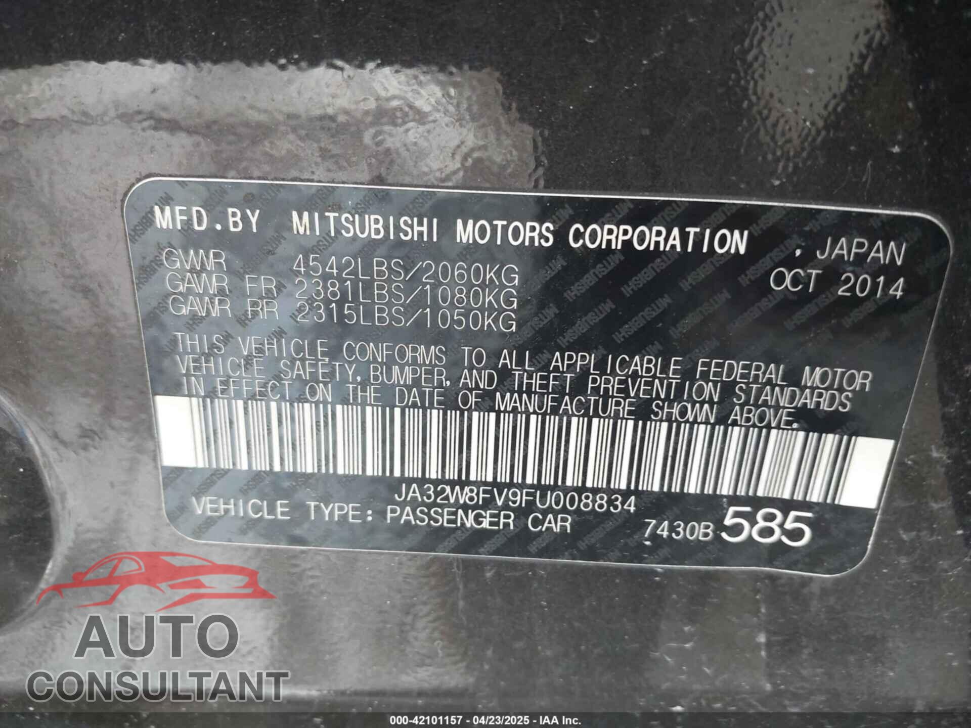 MITSUBISHI LANCER EVOLUTION 2015 - JA32W8FV9FU008834