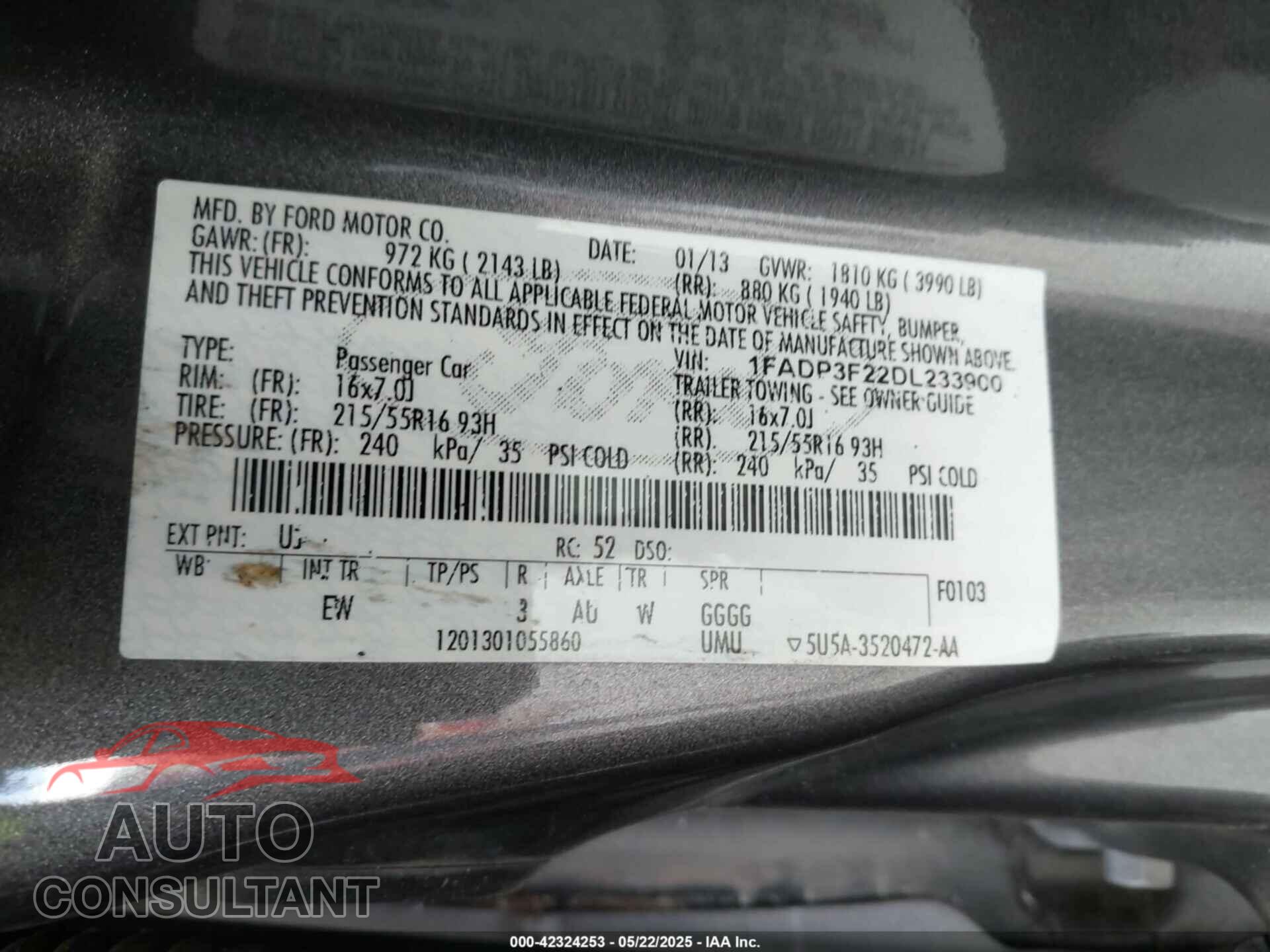 FORD FOCUS 2013 - 1FADP3F22DL233900