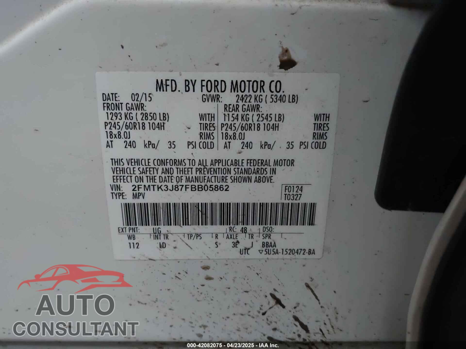 FORD EDGE 2015 - 2FMTK3J87FBB05862