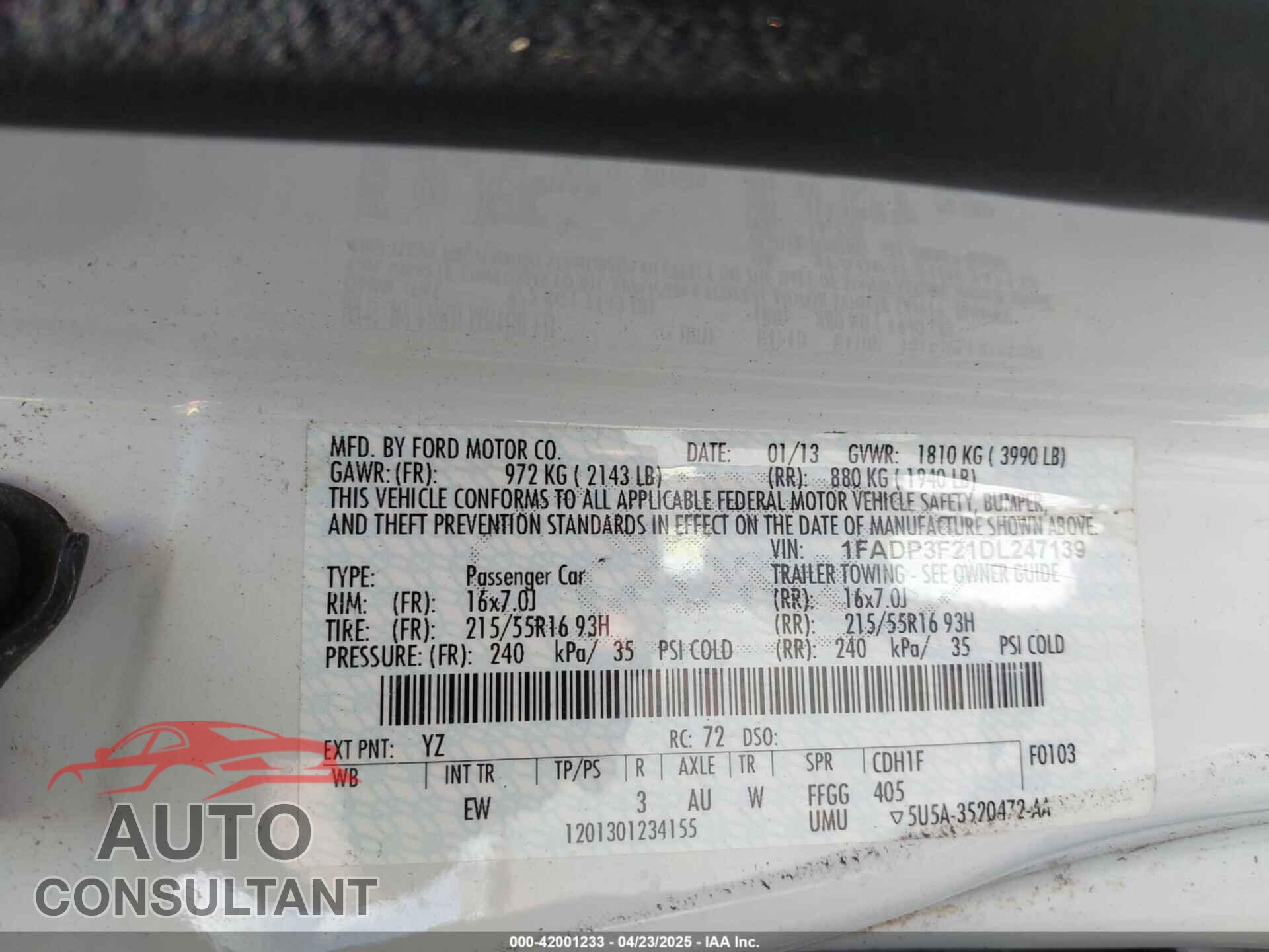 FORD FOCUS 2013 - 1FADP3F21DL247139