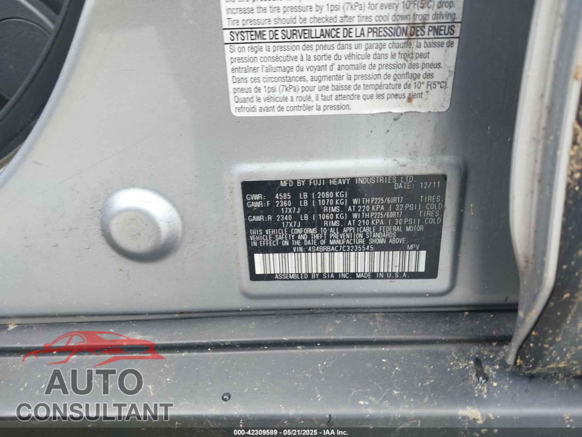 SUBARU OUTBACK 2012 - 4S4BRBAC7C3235545