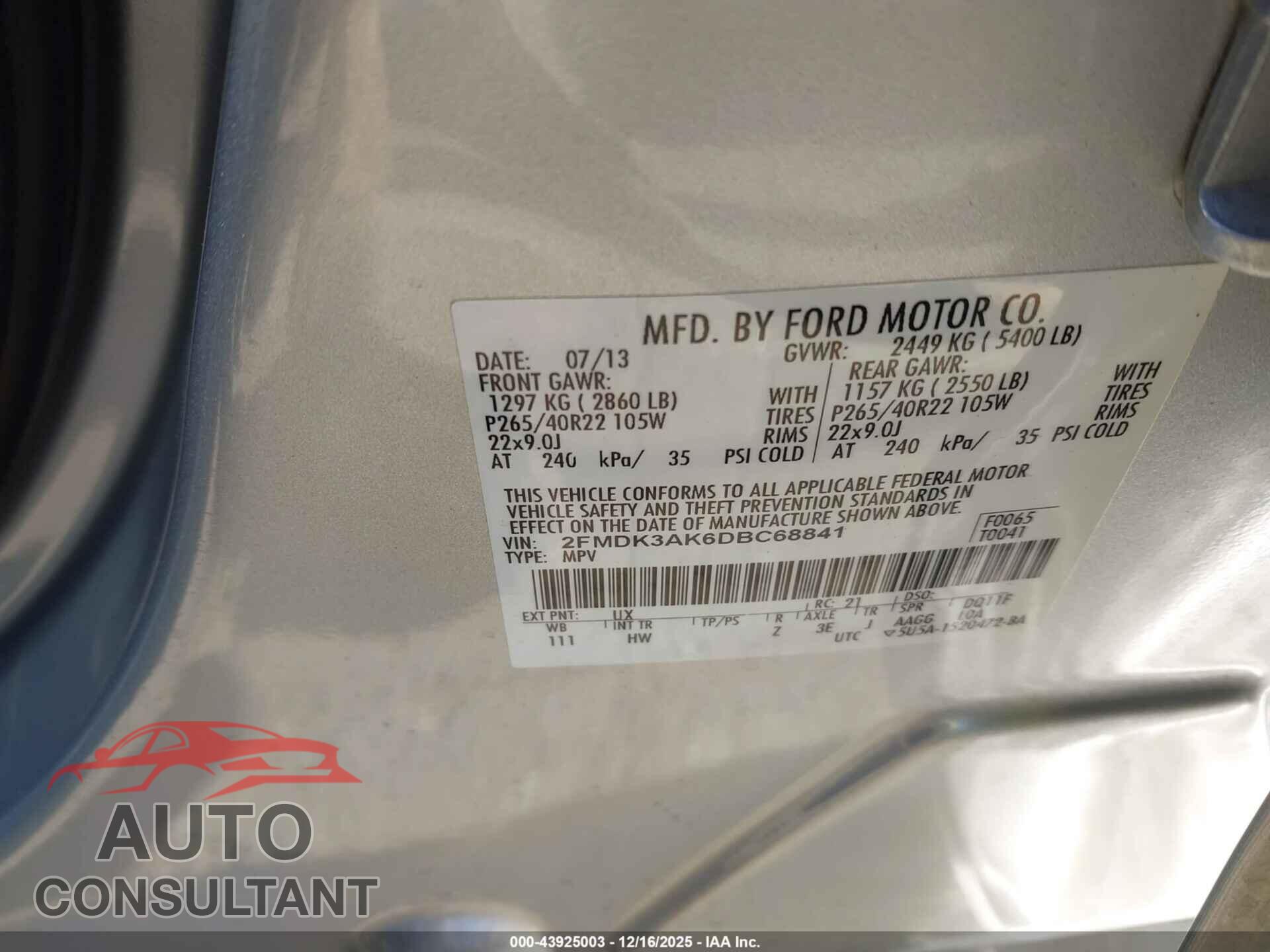 FORD EDGE 2013 - 2FMDK3AK6DBC68841