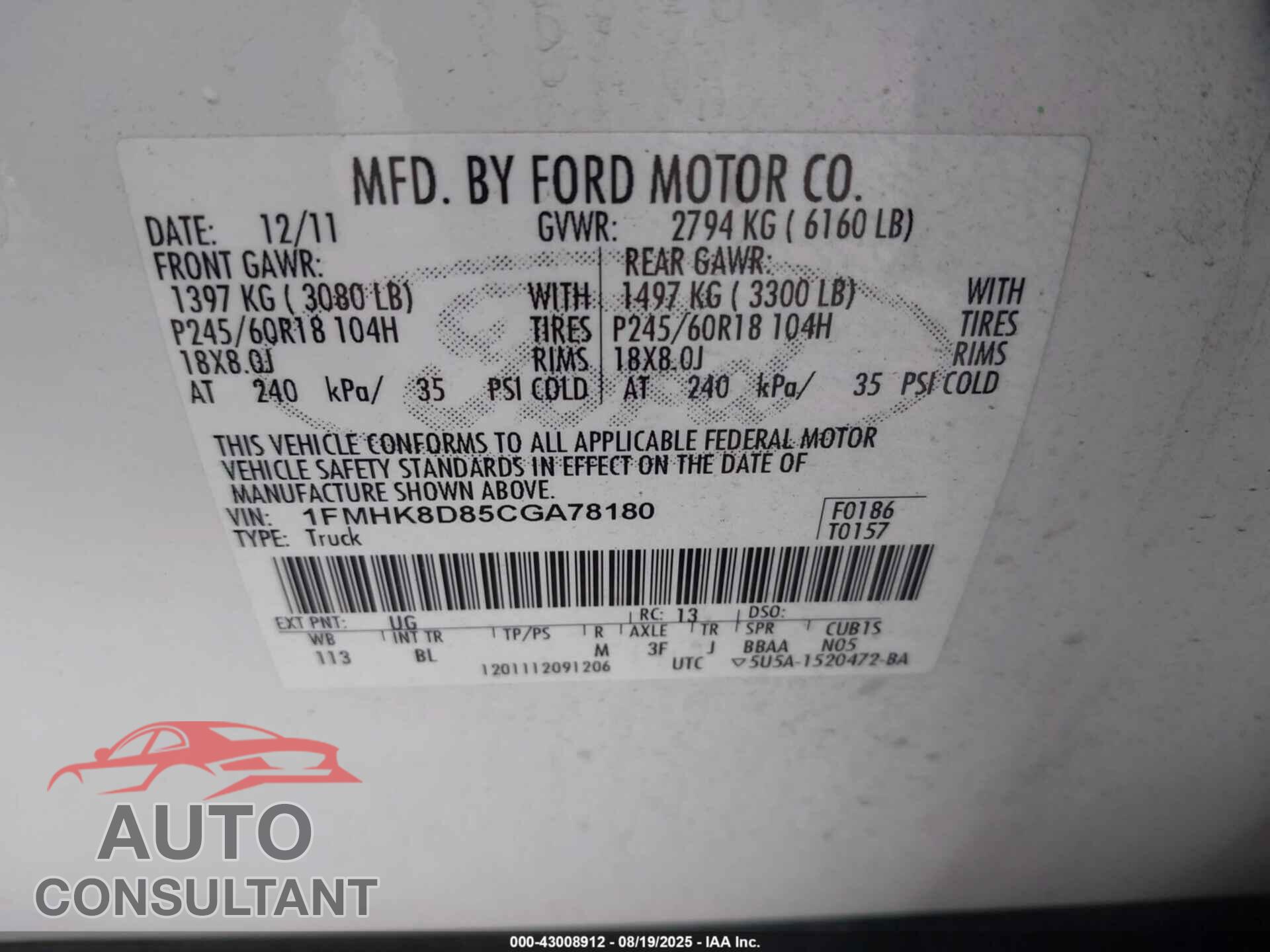 FORD EXPLORER 2012 - 1FMHK8D85CGA78180