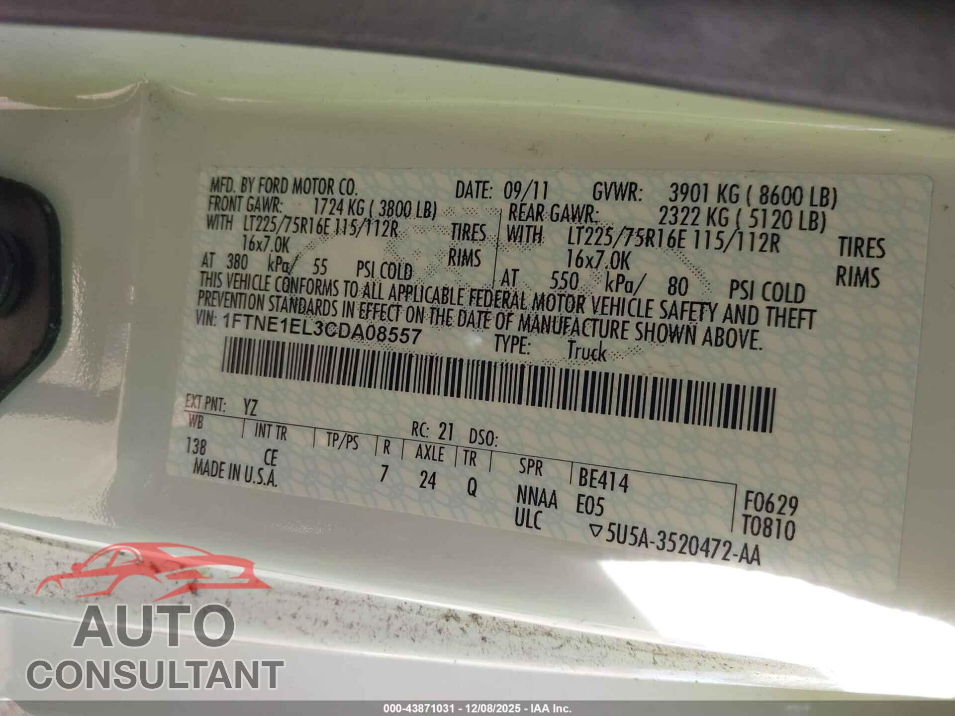 FORD E-150 2012 - 1FTNE1EL3CDA08557