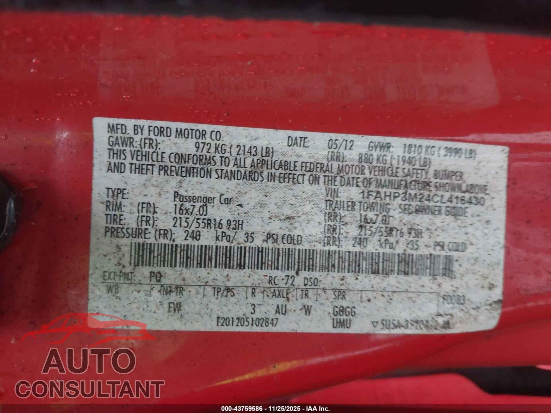 FORD FOCUS 2012 - 1FAHP3M24CL416430