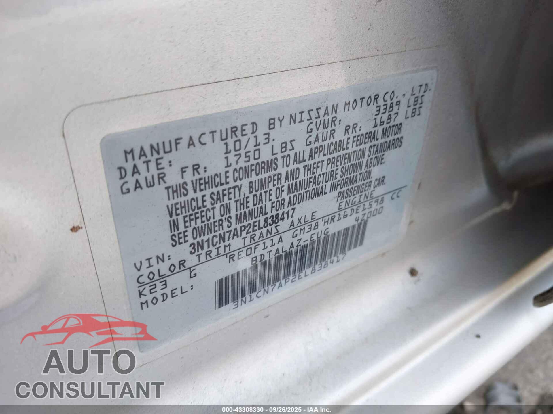 NISSAN VERSA 2014 - 3N1CN7AP2EL838417