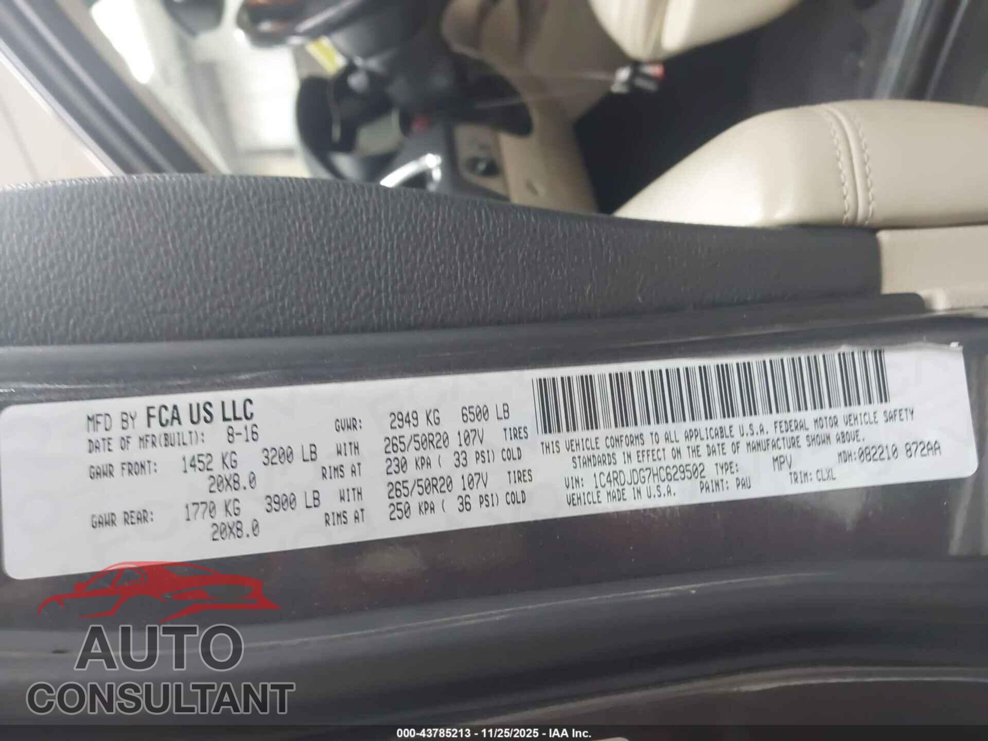 DODGE DURANGO 2017 - 1C4RDJDG7HC629502