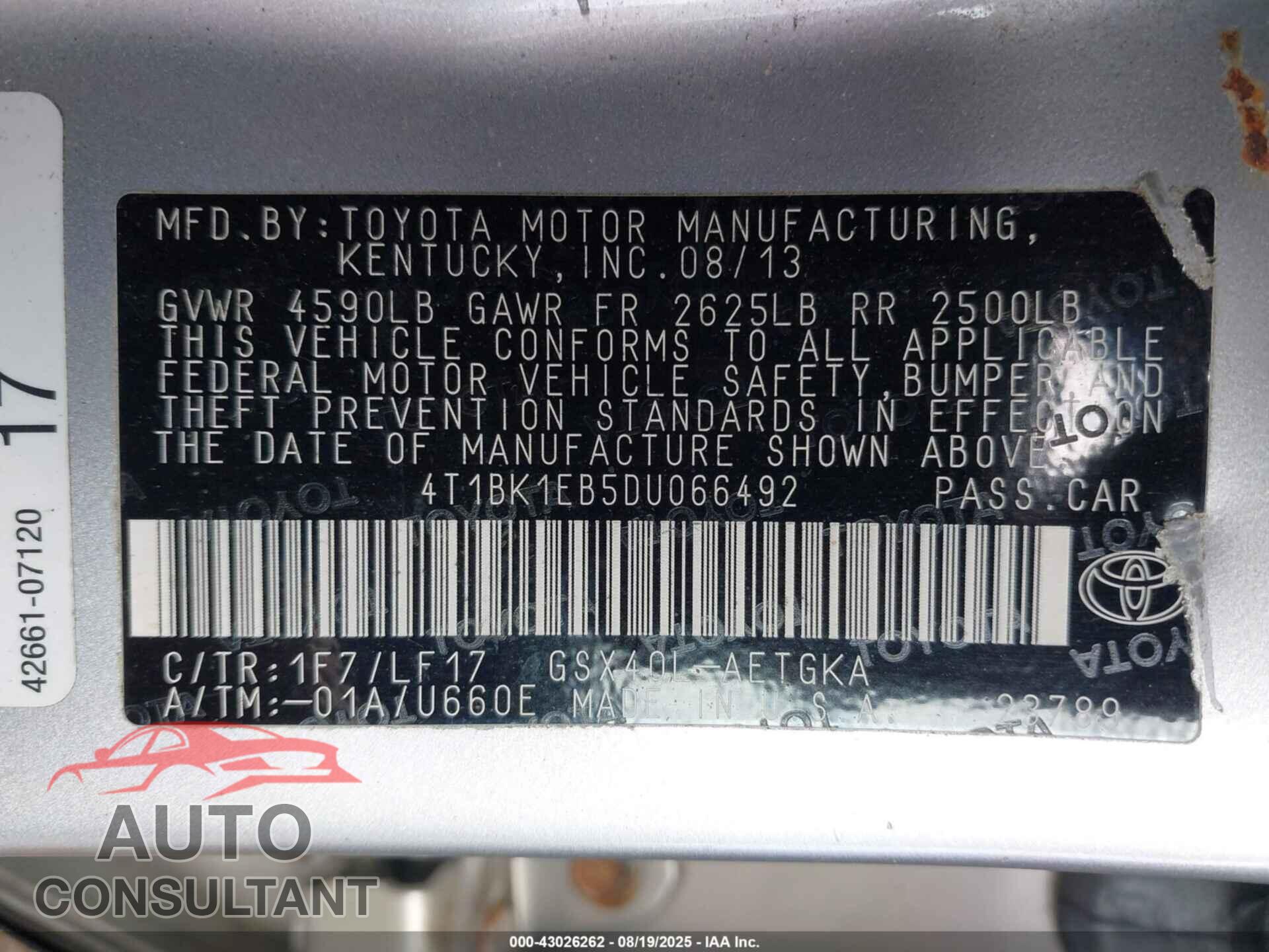 TOYOTA AVALON 2013 - 4T1BK1EB5DU066492