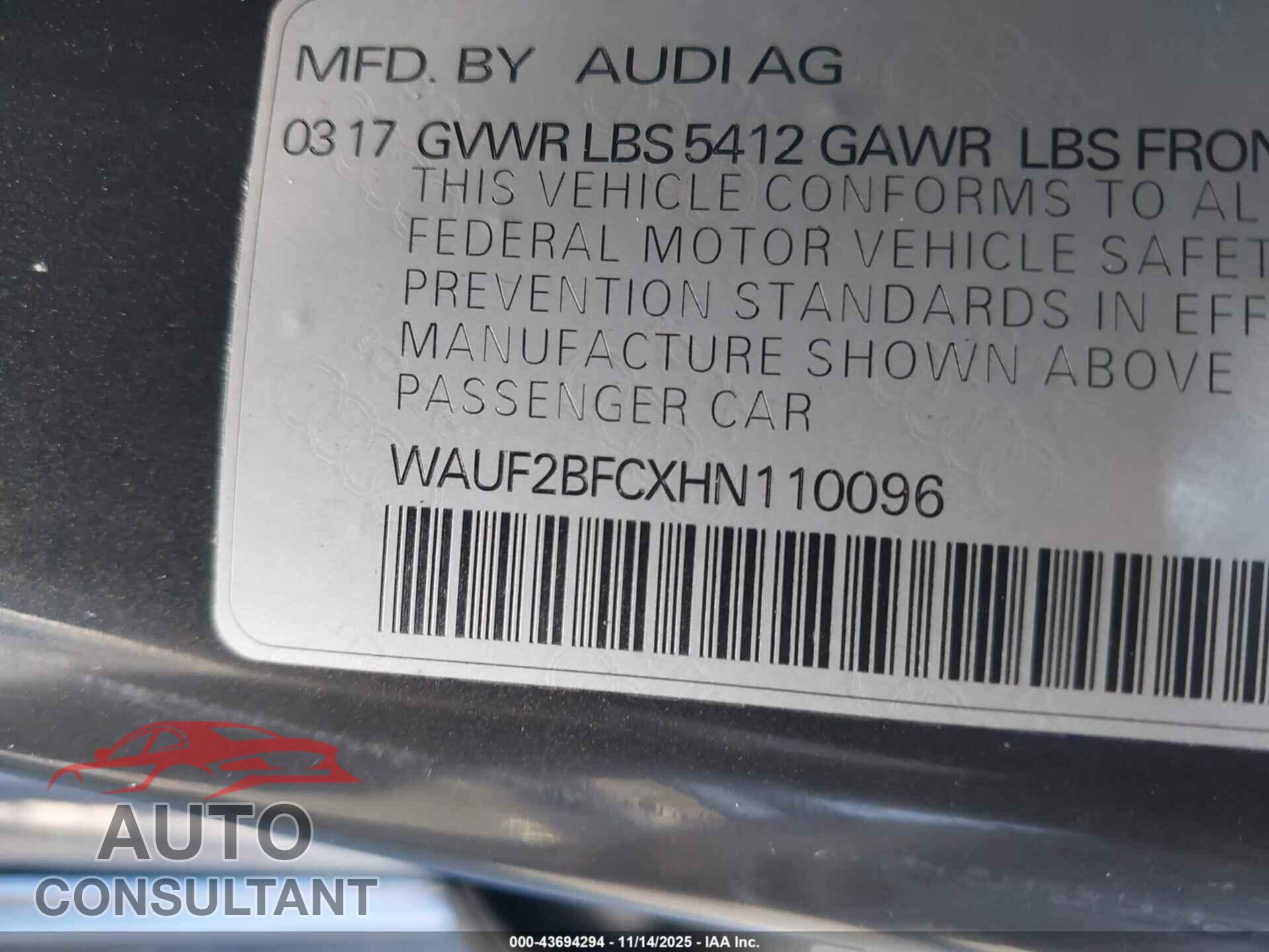 AUDI A6 2017 - WAUF2BFCXHN110096