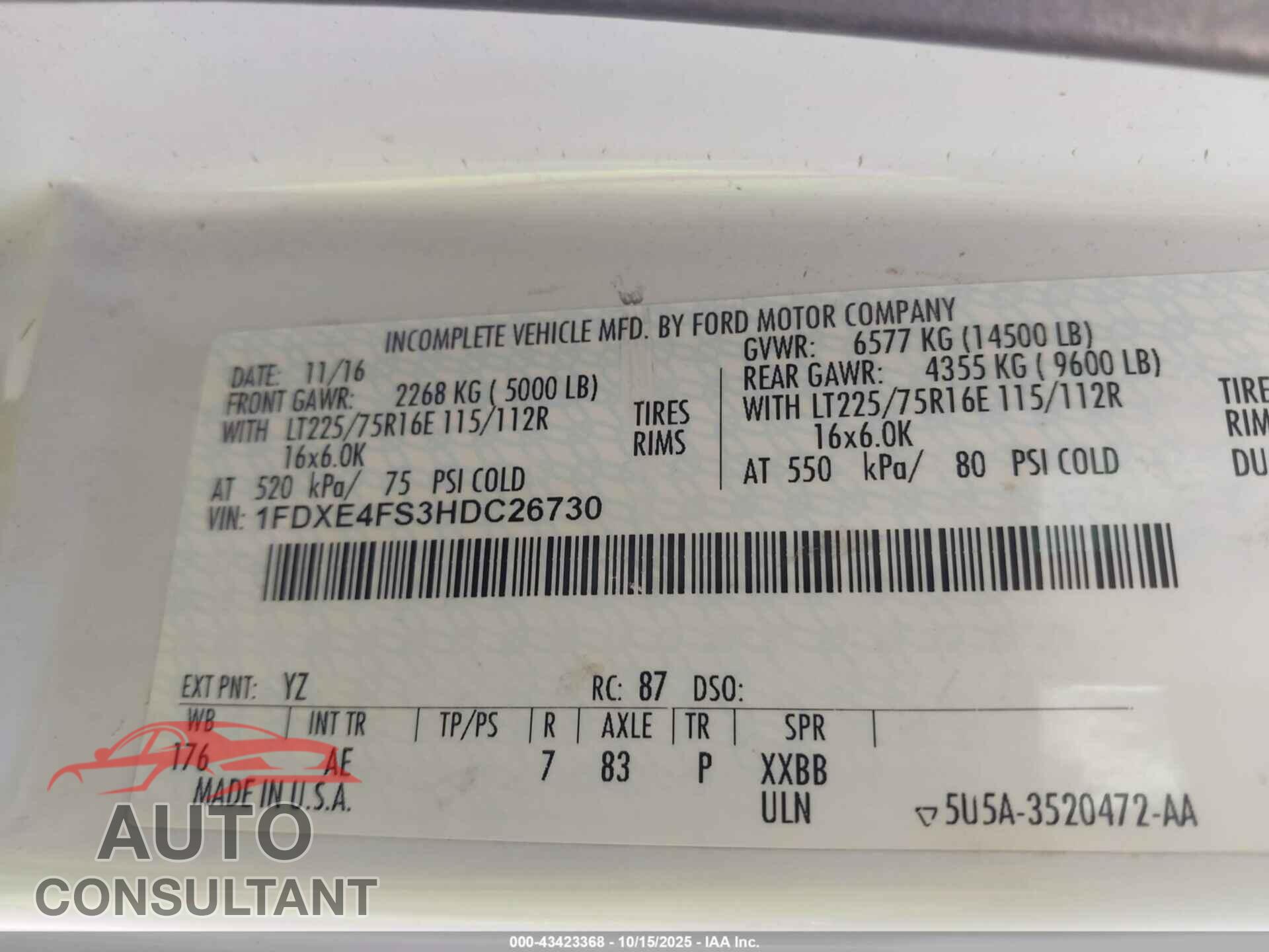 FORD E-450 CUTAWAY 2017 - 1FDXE4FS3HDC26730