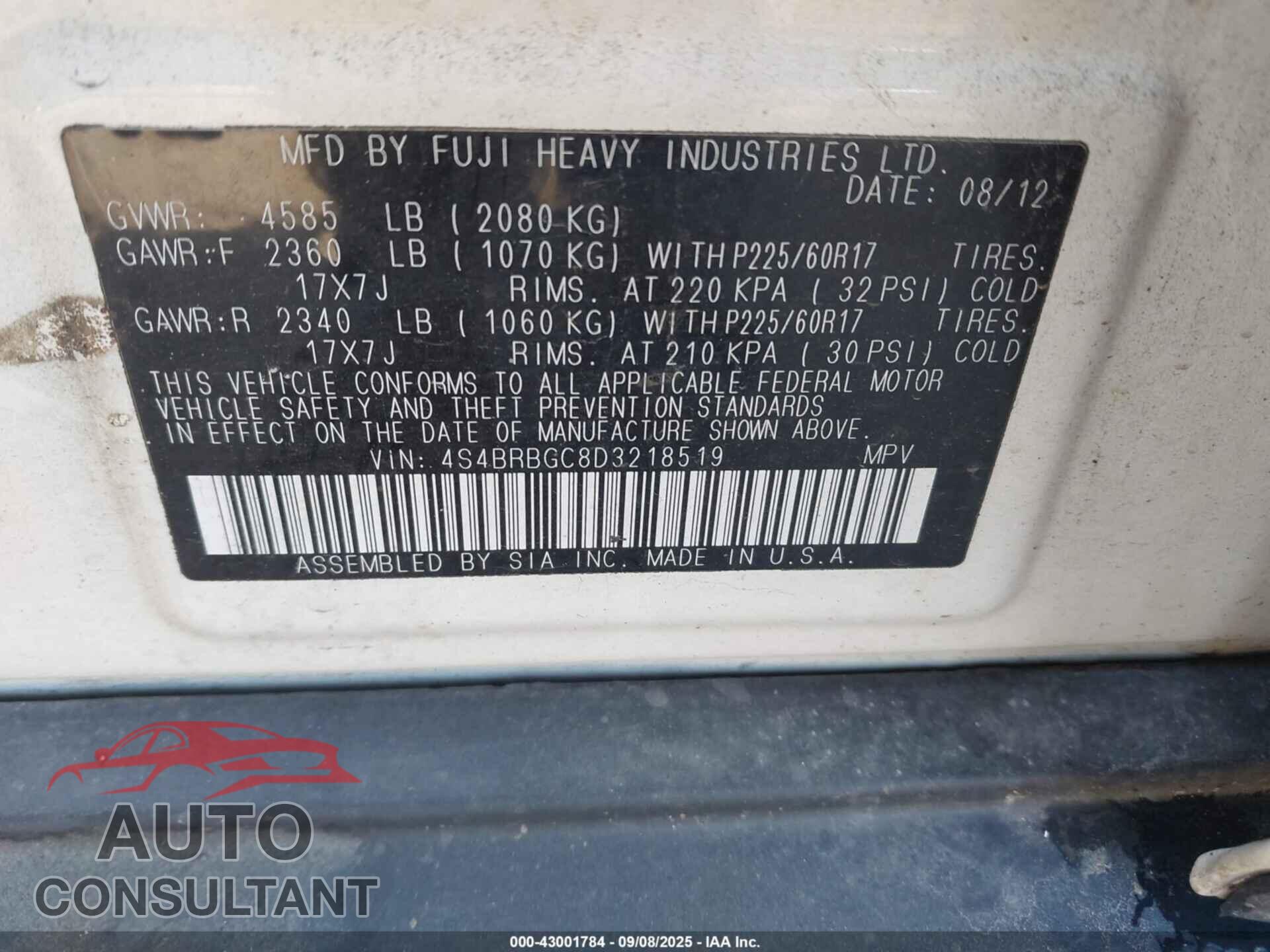SUBARU OUTBACK 2013 - 4S4BRBGC8D3218519