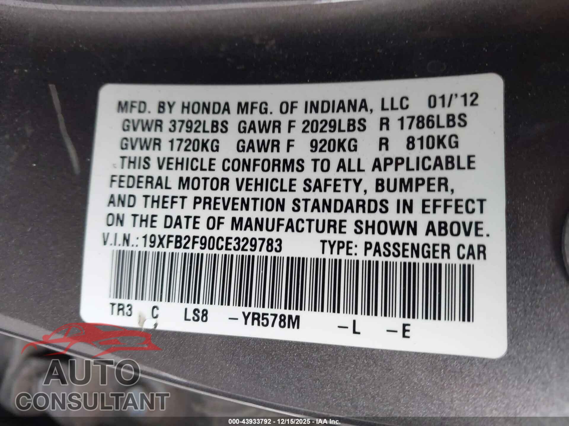 HONDA CIVIC 2012 - 19XFB2F90CE329783