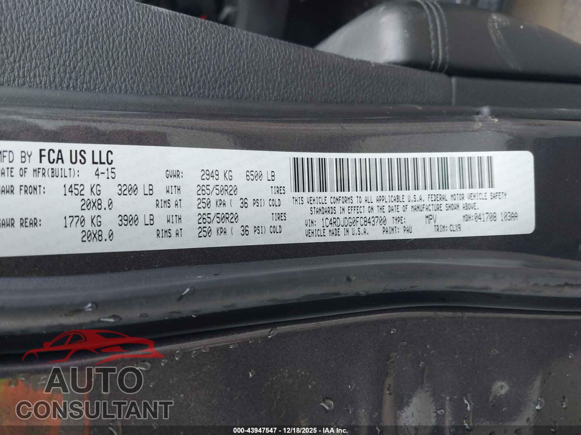 DODGE DURANGO 2015 - 1C4RDJDG0FC843700