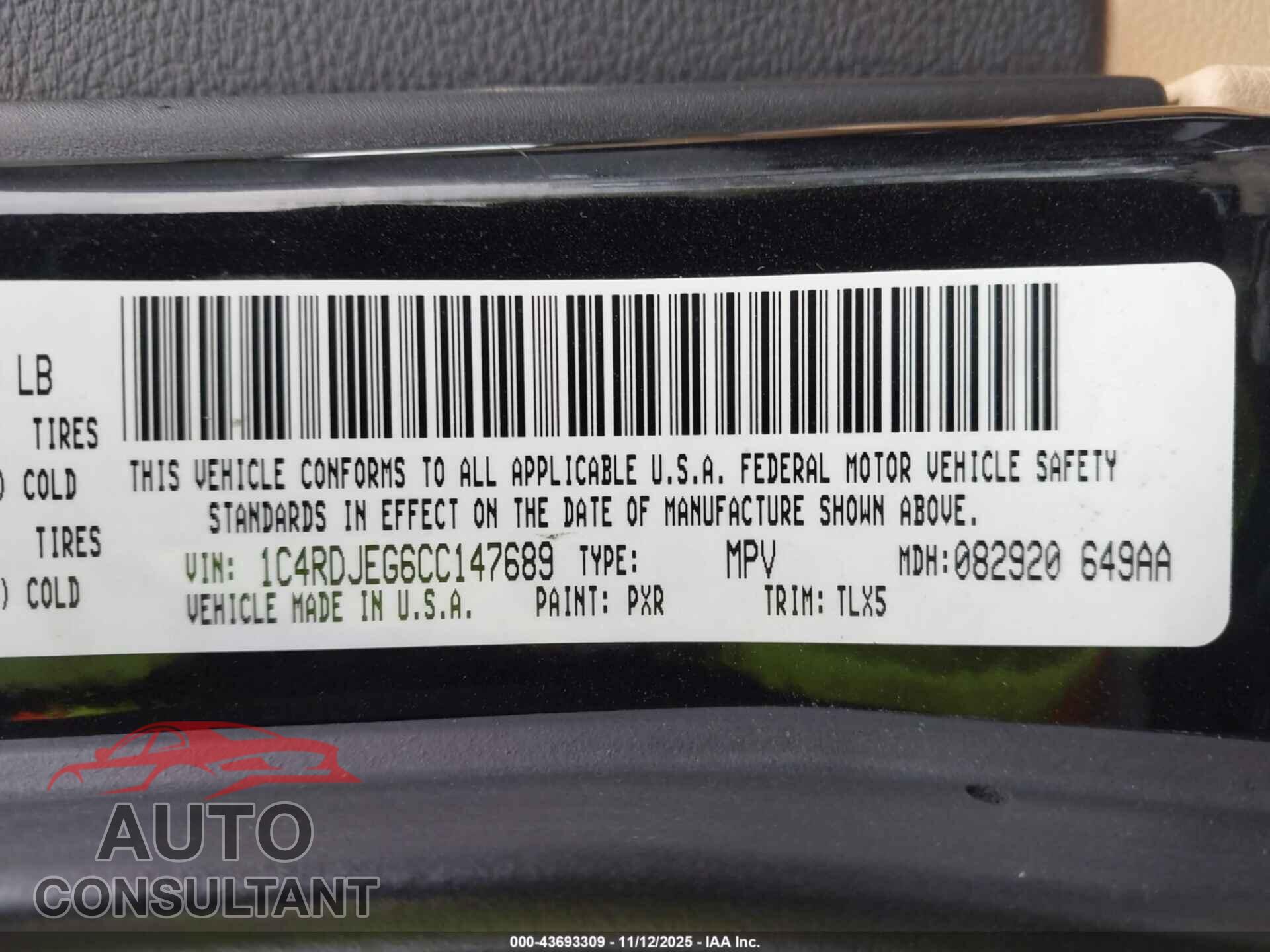 DODGE DURANGO 2012 - 1C4RDJEG6CC147689