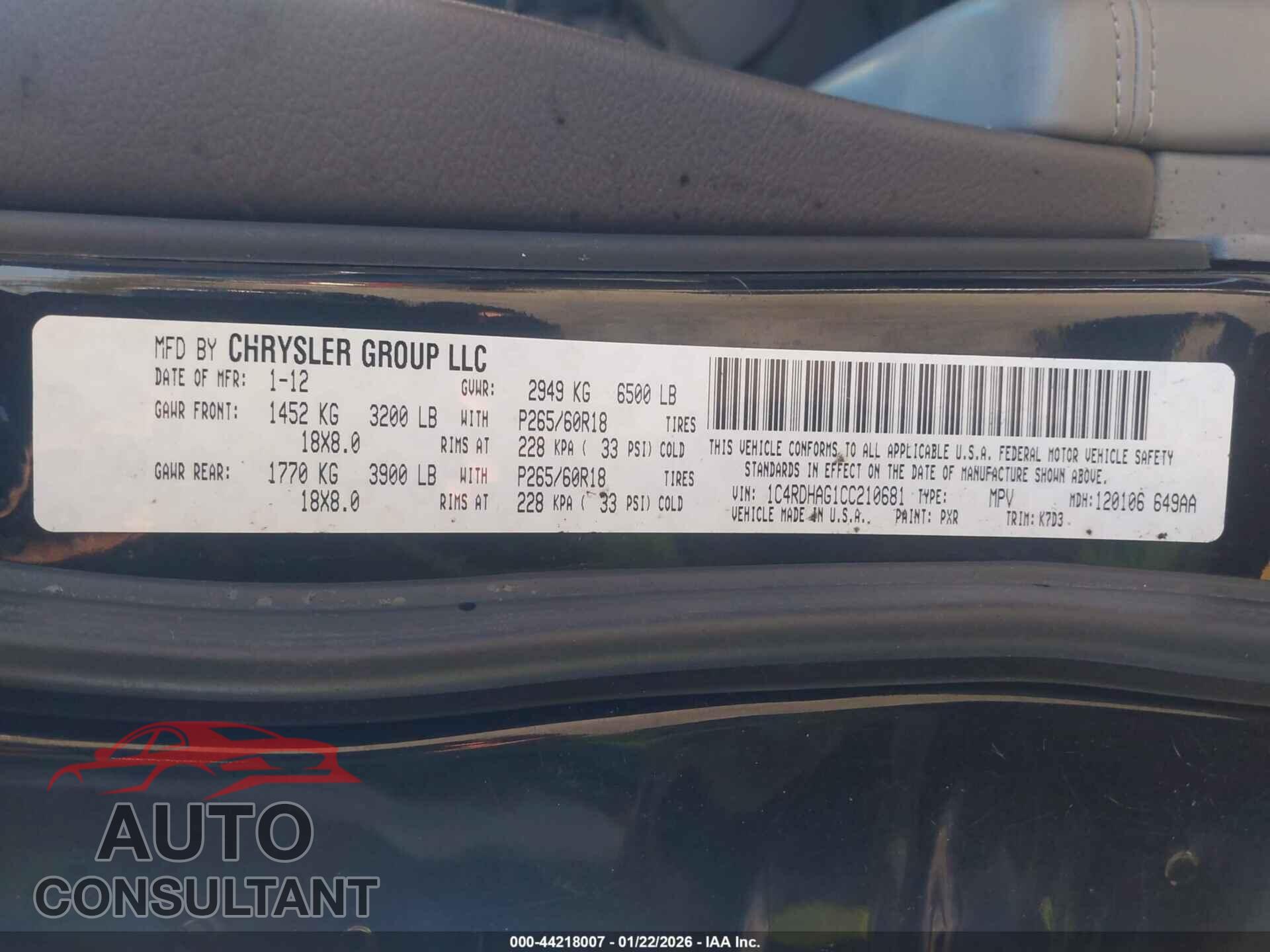 DODGE DURANGO 2012 - 1C4RDHAG1CC210681