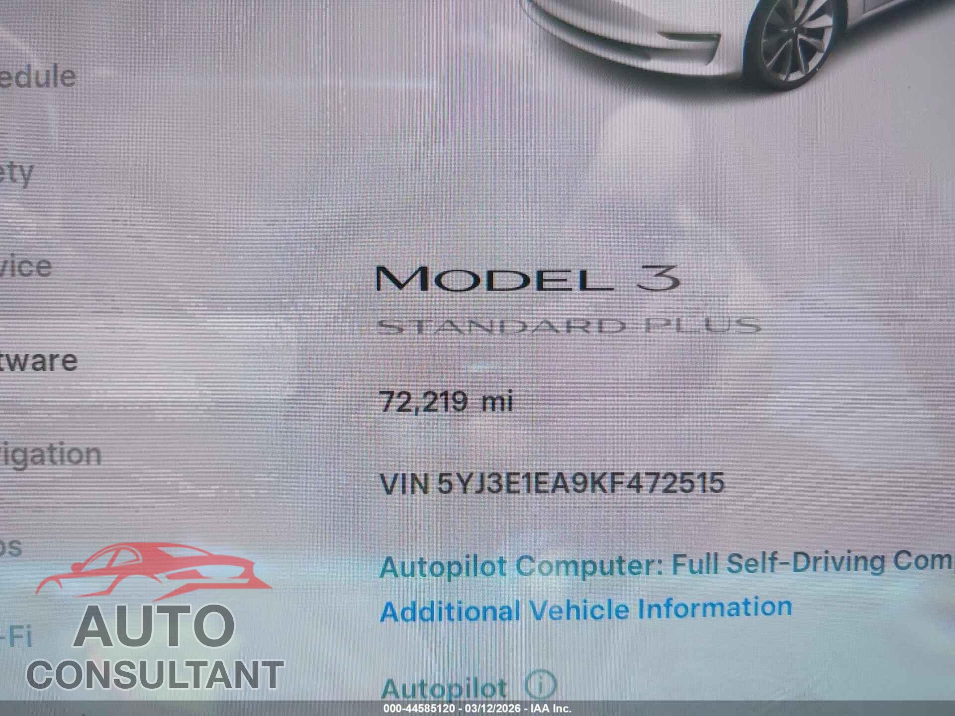 TESLA MODEL 3 2019 - 5YJ3E1EA9KF472515