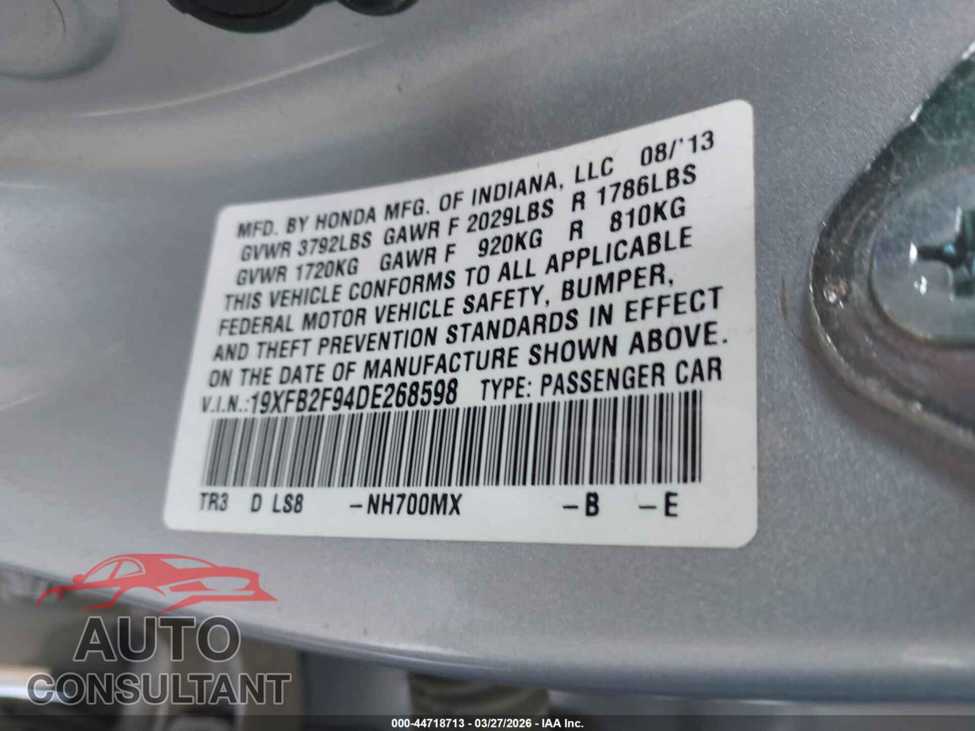 HONDA CIVIC 2013 - 19XFB2F94DE268598
