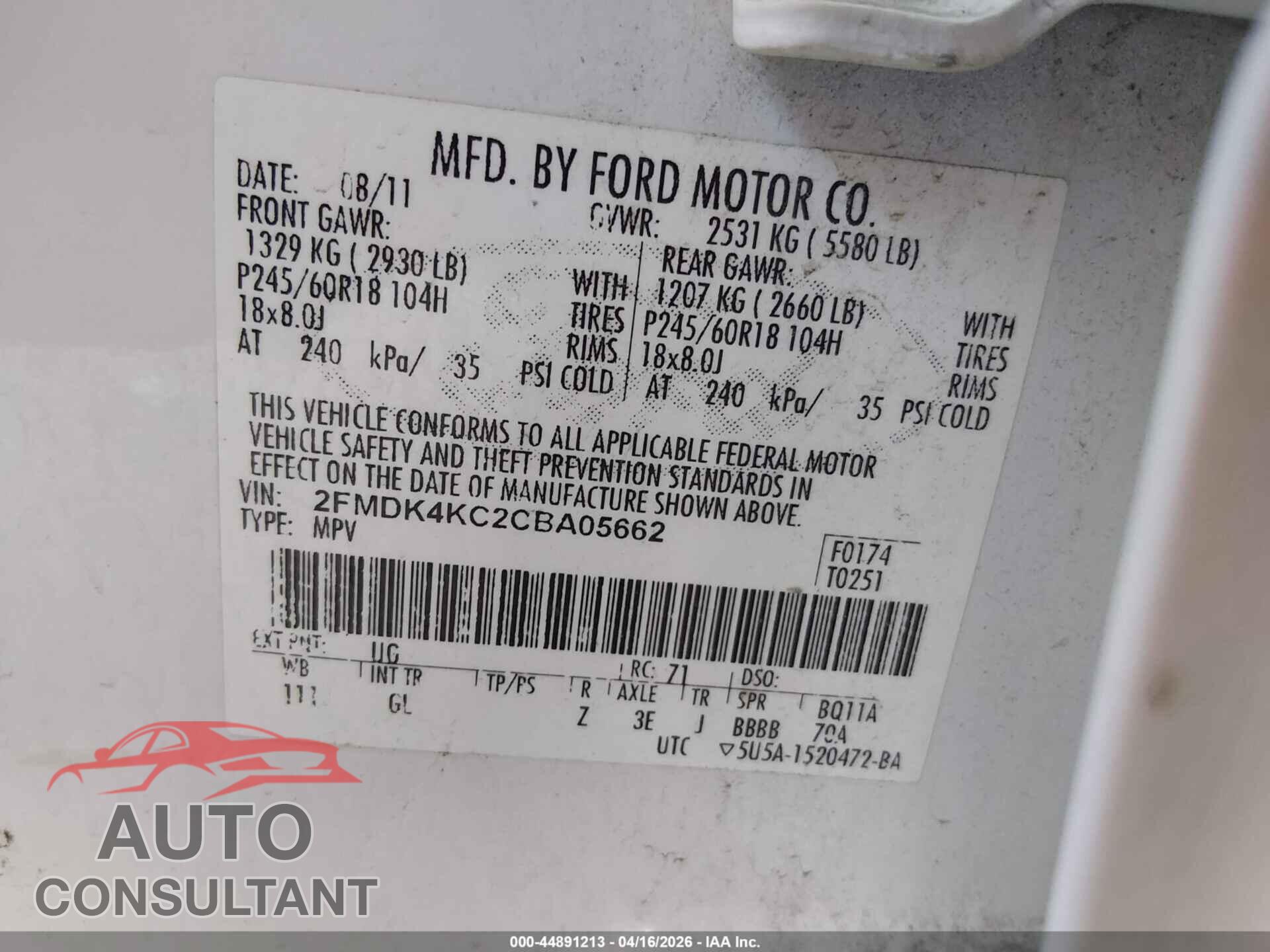 FORD EDGE 2012 - 2FMDK4KC2CBA05662