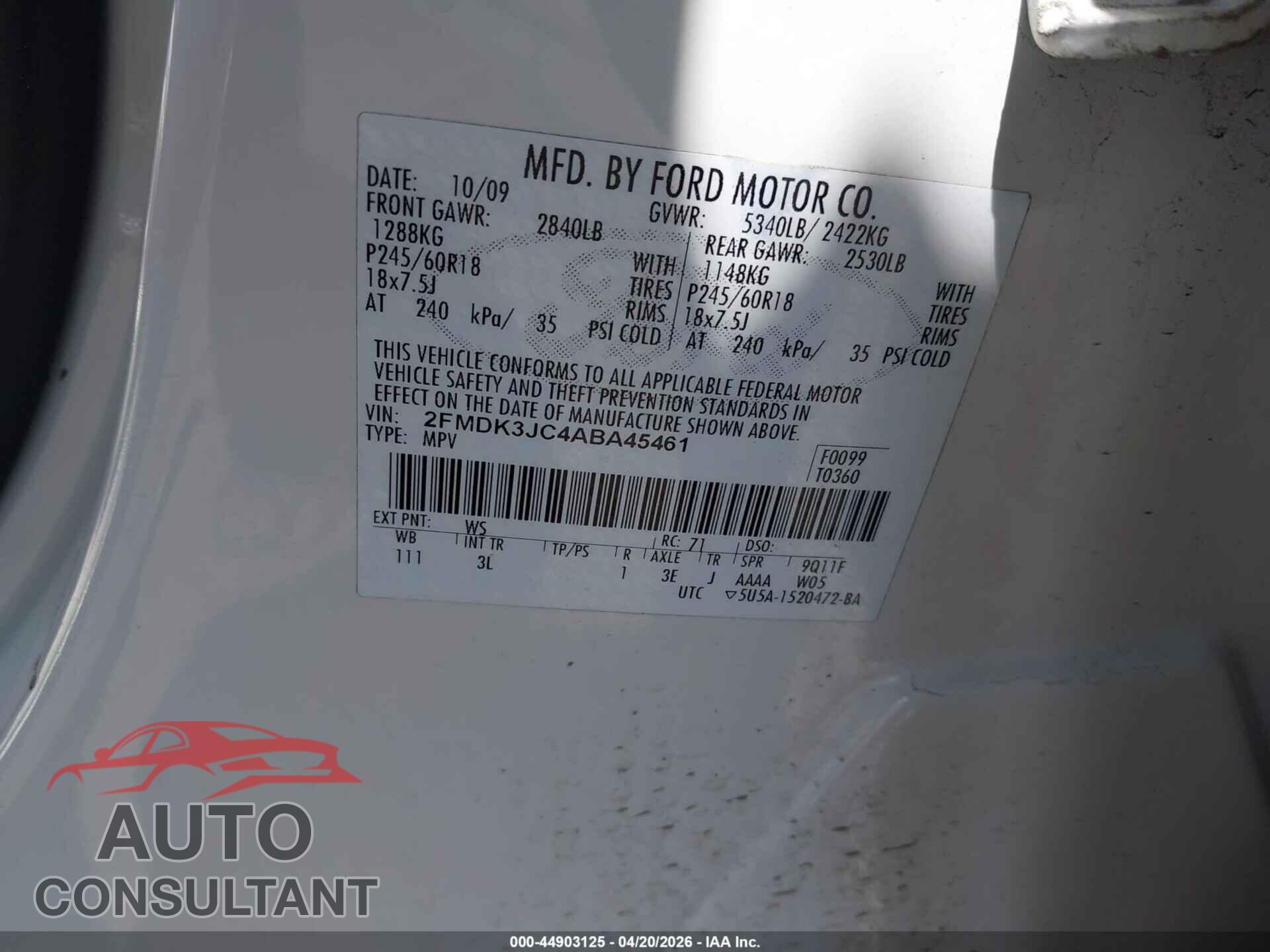 FORD EDGE 2010 - 2FMDK3JC4ABA45461
