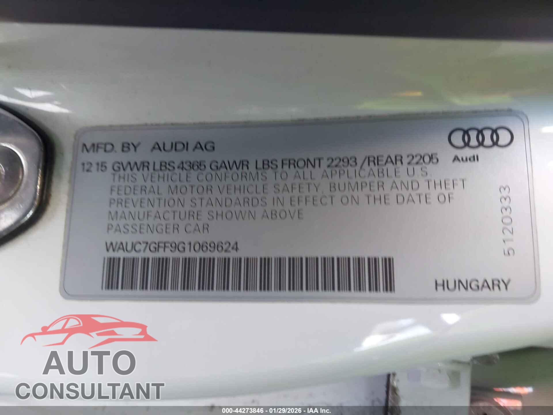 AUDI A3 2016 - WAUC7GFF9G1069624
