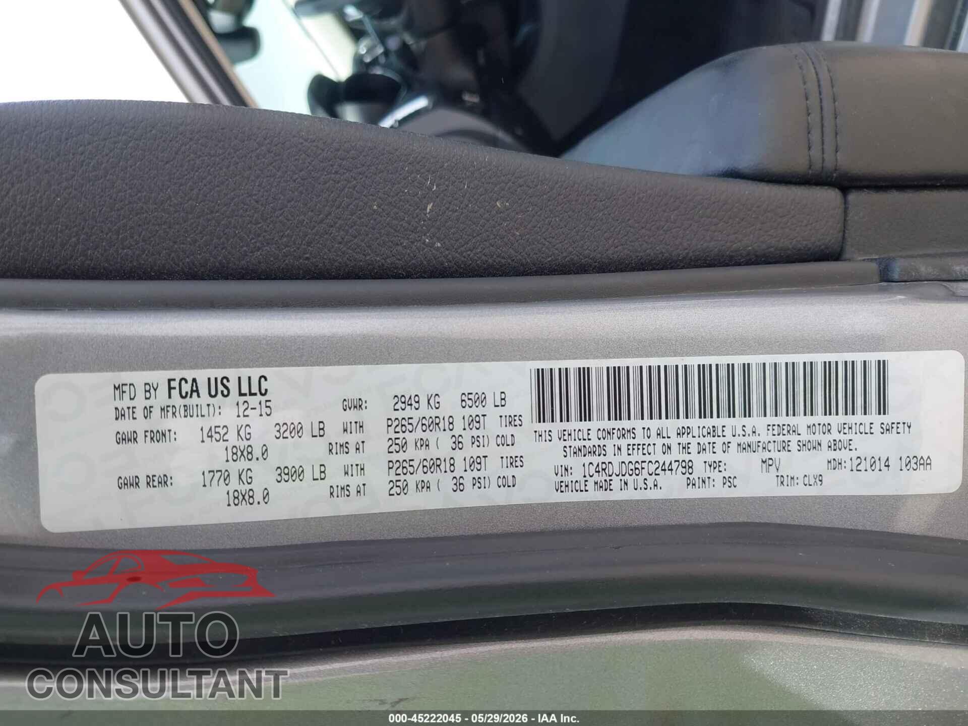 DODGE DURANGO 2015 - 1C4RDJDG6FC244798