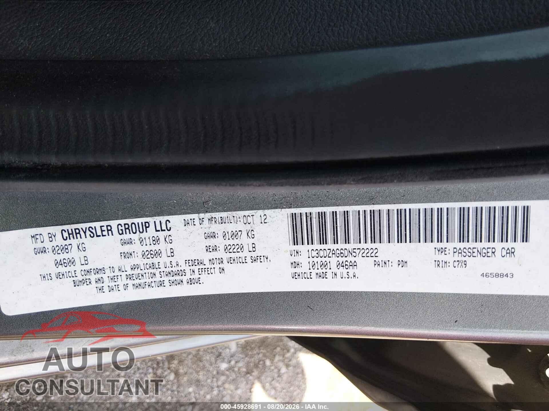 DODGE AVENGER 2013 - 1C3CDZAG6DN572222