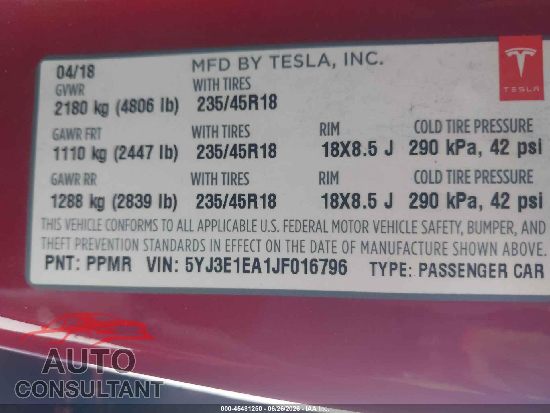 TESLA MODEL 3 2018 - 5YJ3E1EA1JF016796