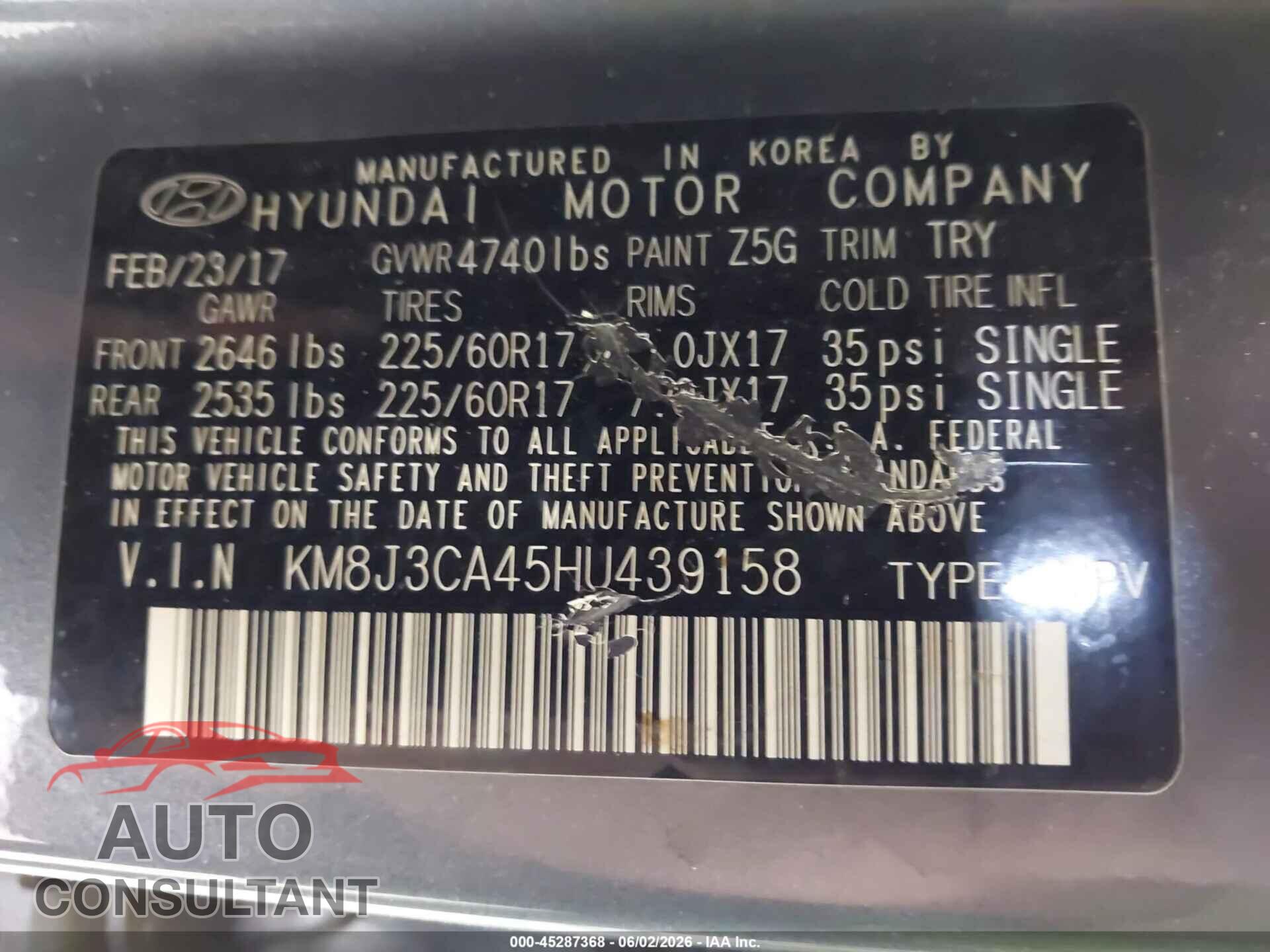 HYUNDAI TUCSON 2017 - KM8J3CA45HU439158