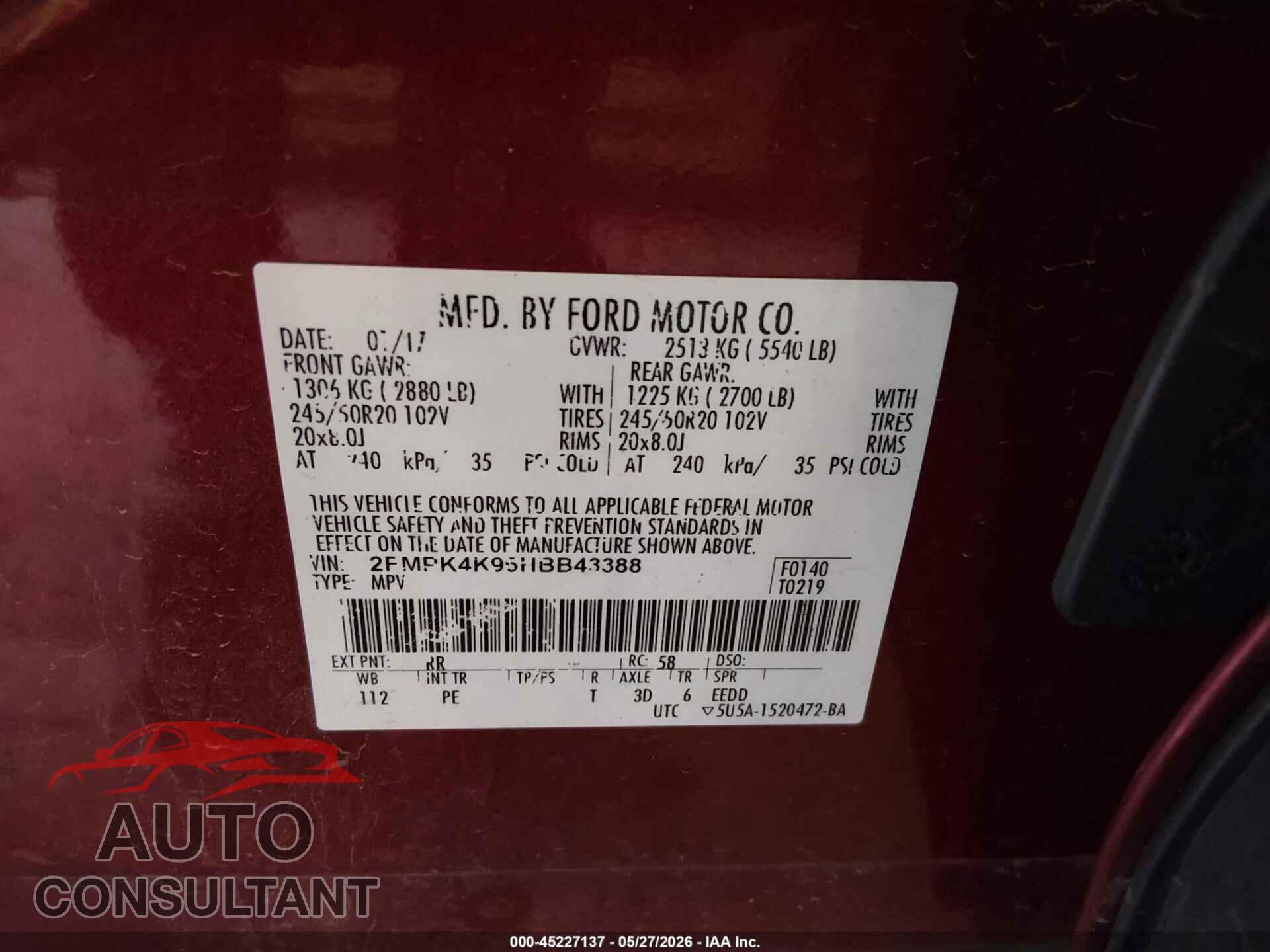 FORD EDGE 2017 - 2FMPK4K96HBB43388